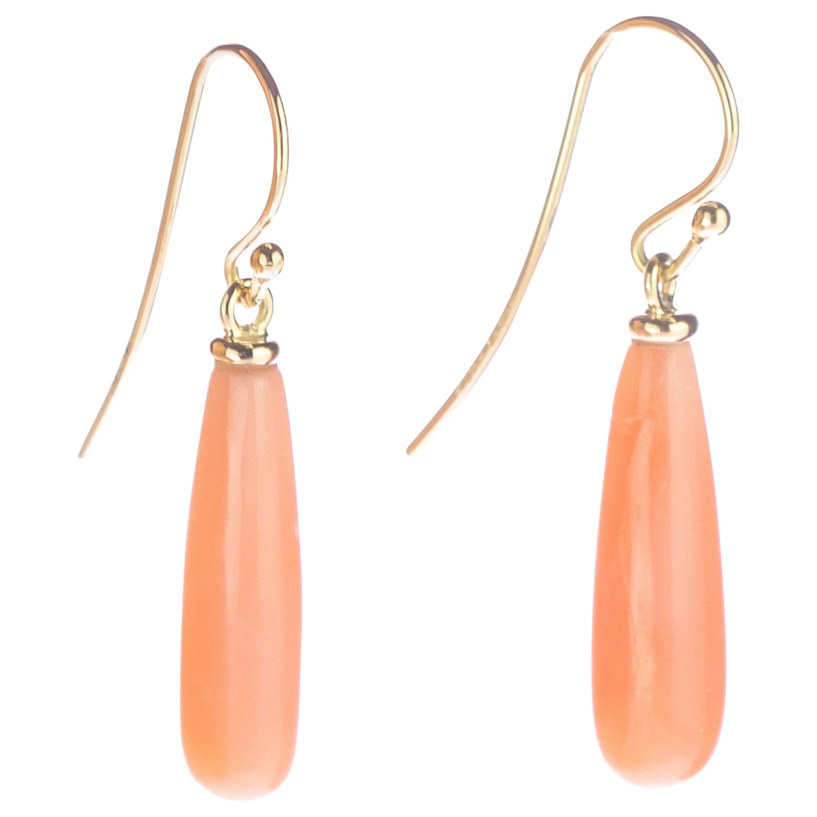 Pink Natural Coral Bold Tear Drop Carved 18 Karat Yellow Gold Dangle Earrings