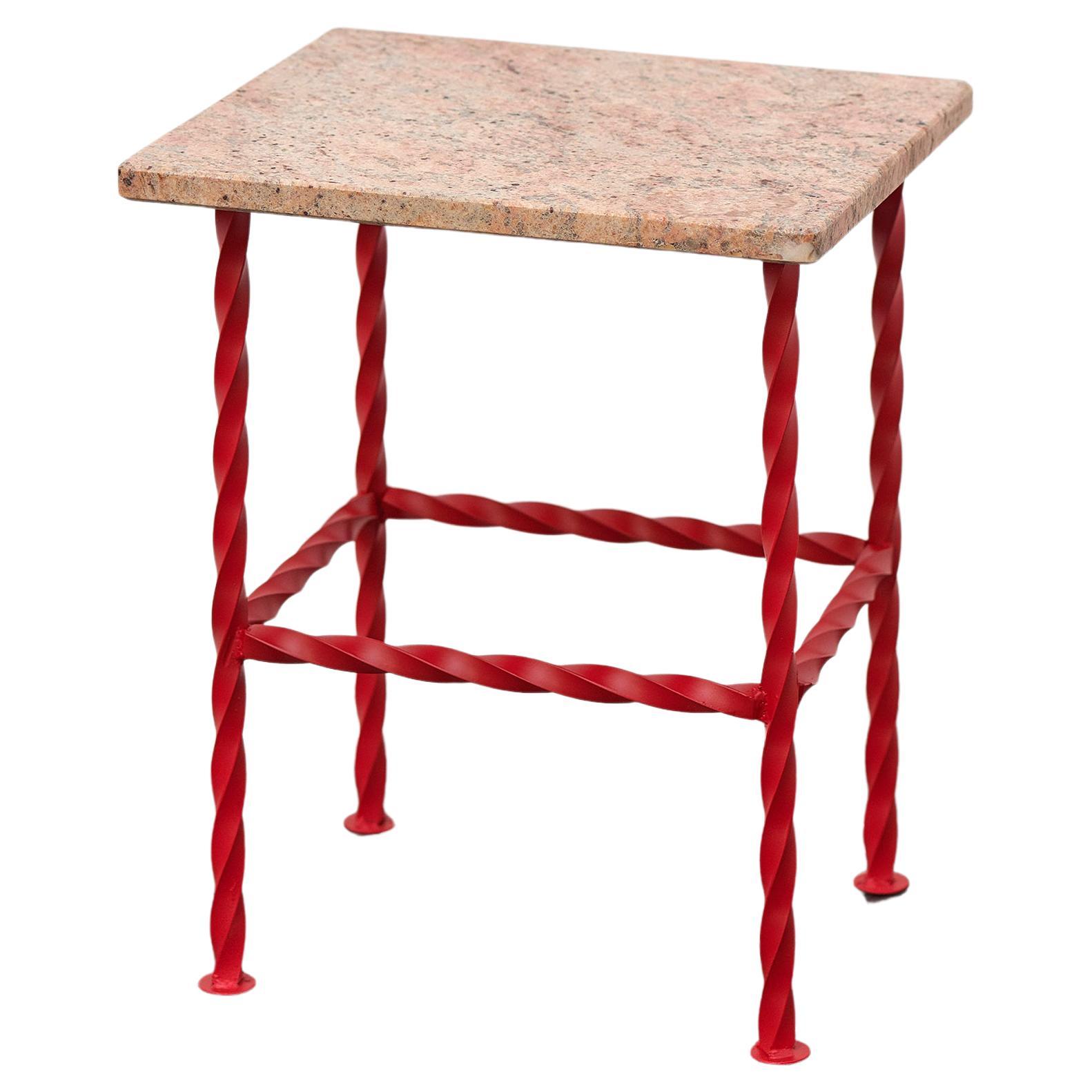 Natural Soft Pink Granite Stone and Red Wrought Iron Side Table For Sale