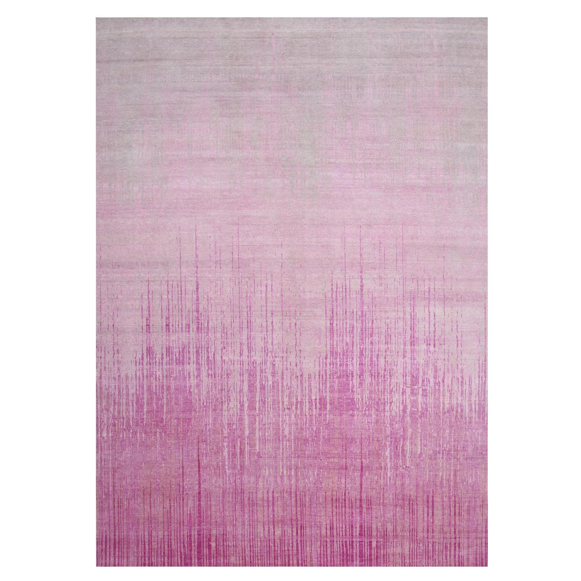 Pink Natural Wool Hand Knotted Vertical Ombre Design Oriental Rug