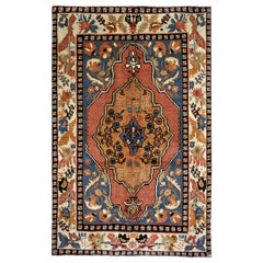 Pink, Navy and Ivory Handmade Wool Turkish Old Anatolian Konya Rug