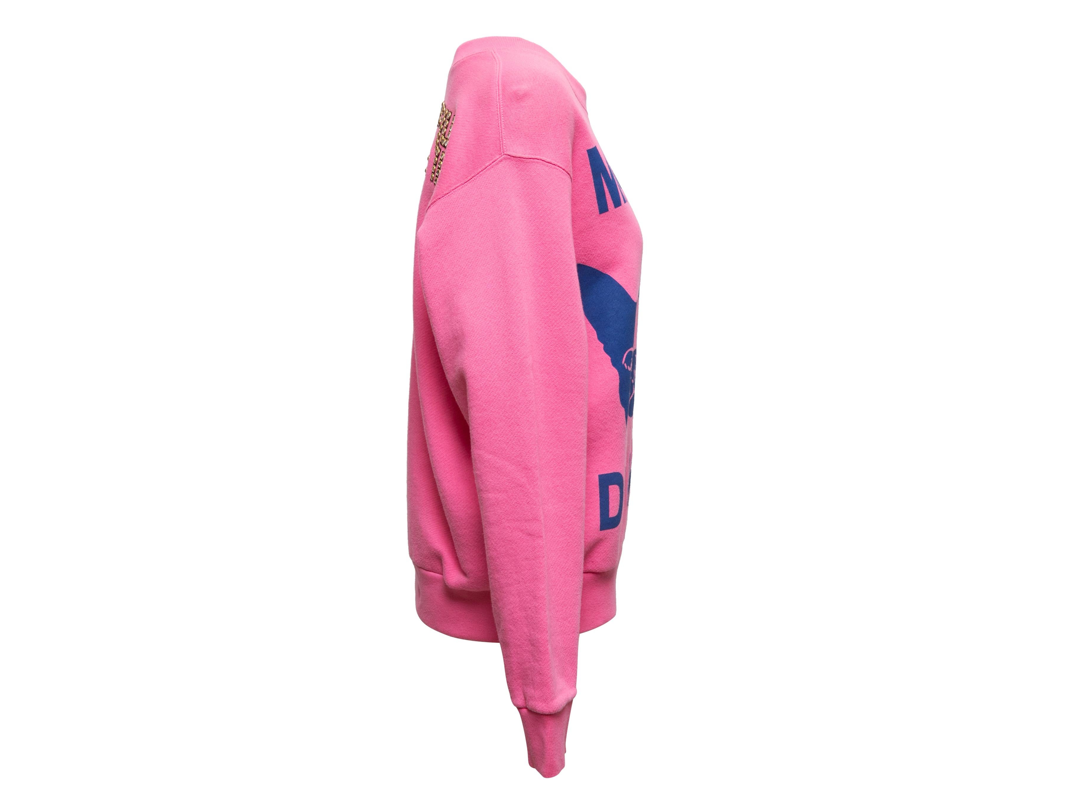 Pink and navy Maison De L'Amour dog print crew neck sweatshirt by Gucci. Rhinestone embellishments at back. 42