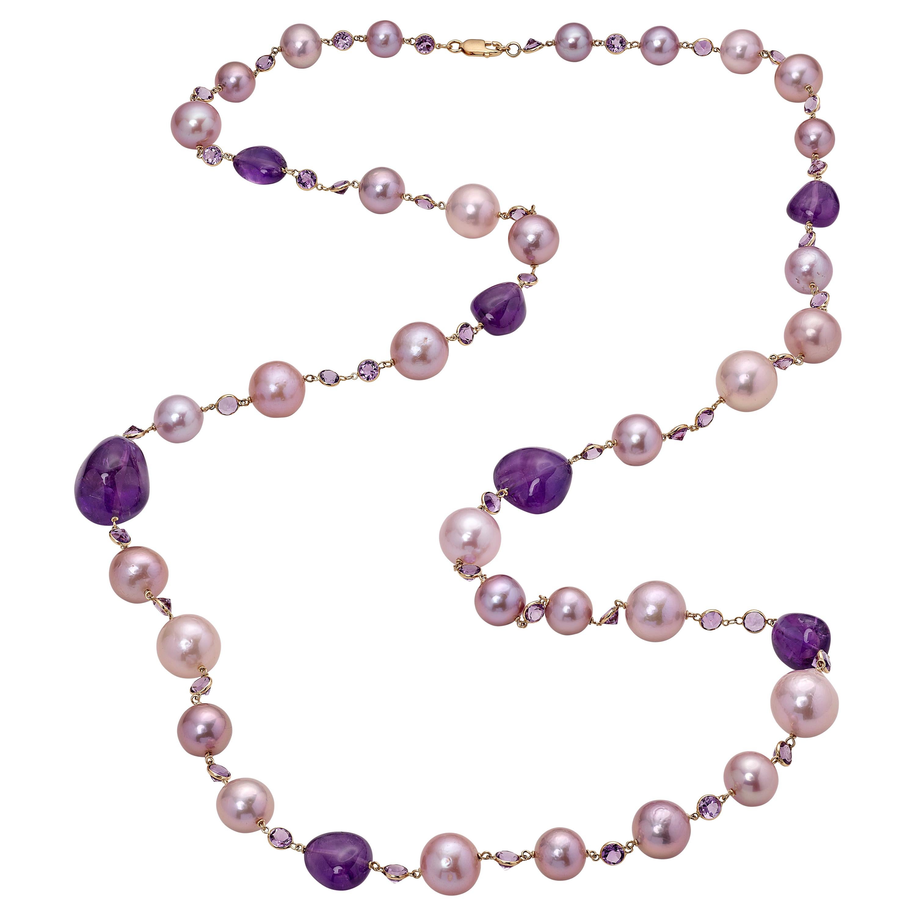 BELPEARL Kasumiga Pink Pearl Necklace Set in 18 Karat Gold, Amethyst  For Sale