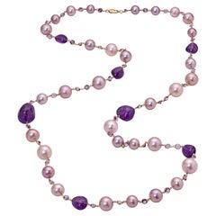 BELPEARL Kasumiga Pink Pearl Necklace Set in 18 Karat Gold, Amethyst 