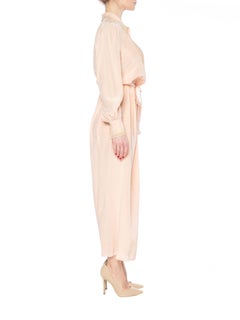 1930S Peach Bias Cut Silk Crepe De Chine Slip Dress With Sleeves & Belt
