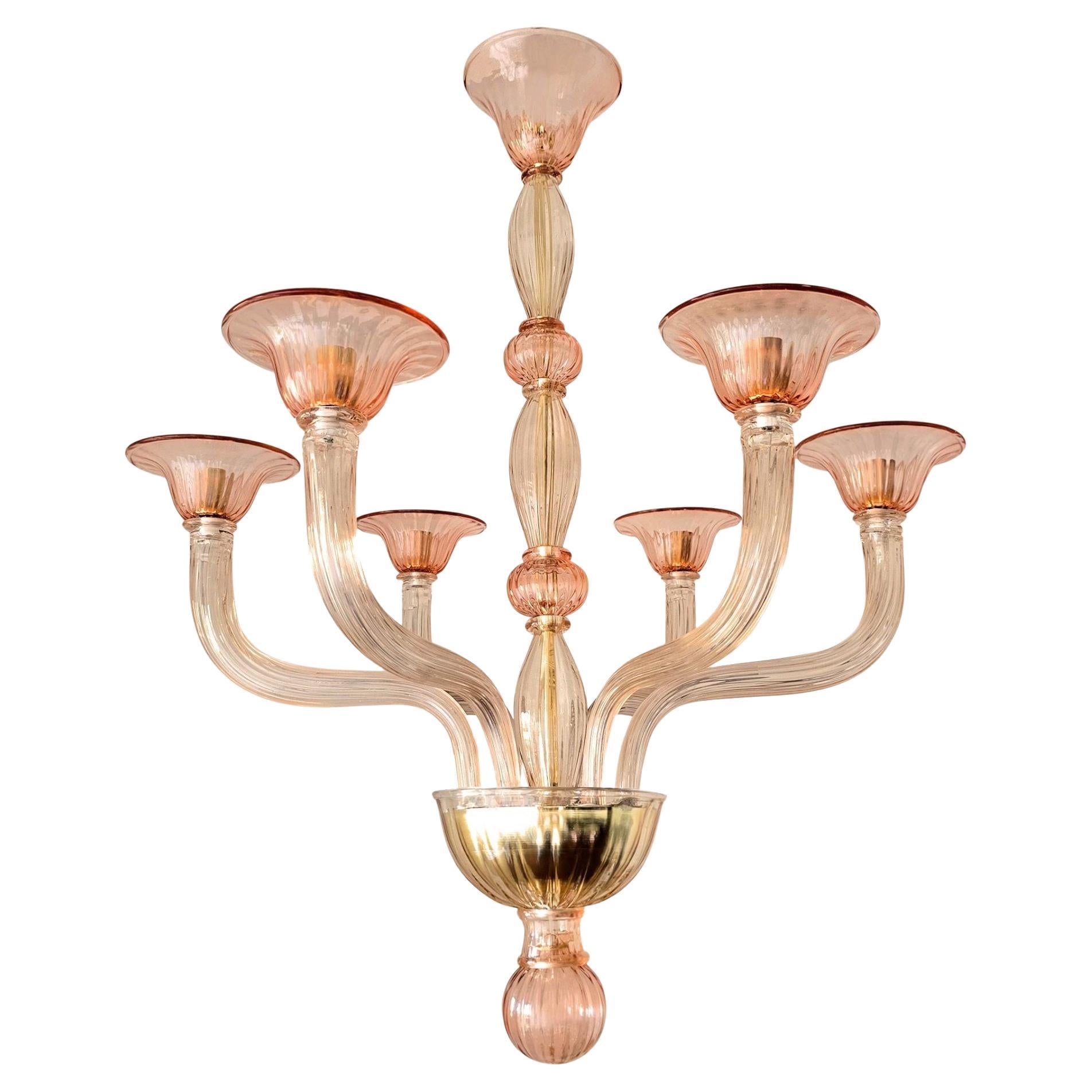 Lampadario neoclassico rosa in vetro di Murano