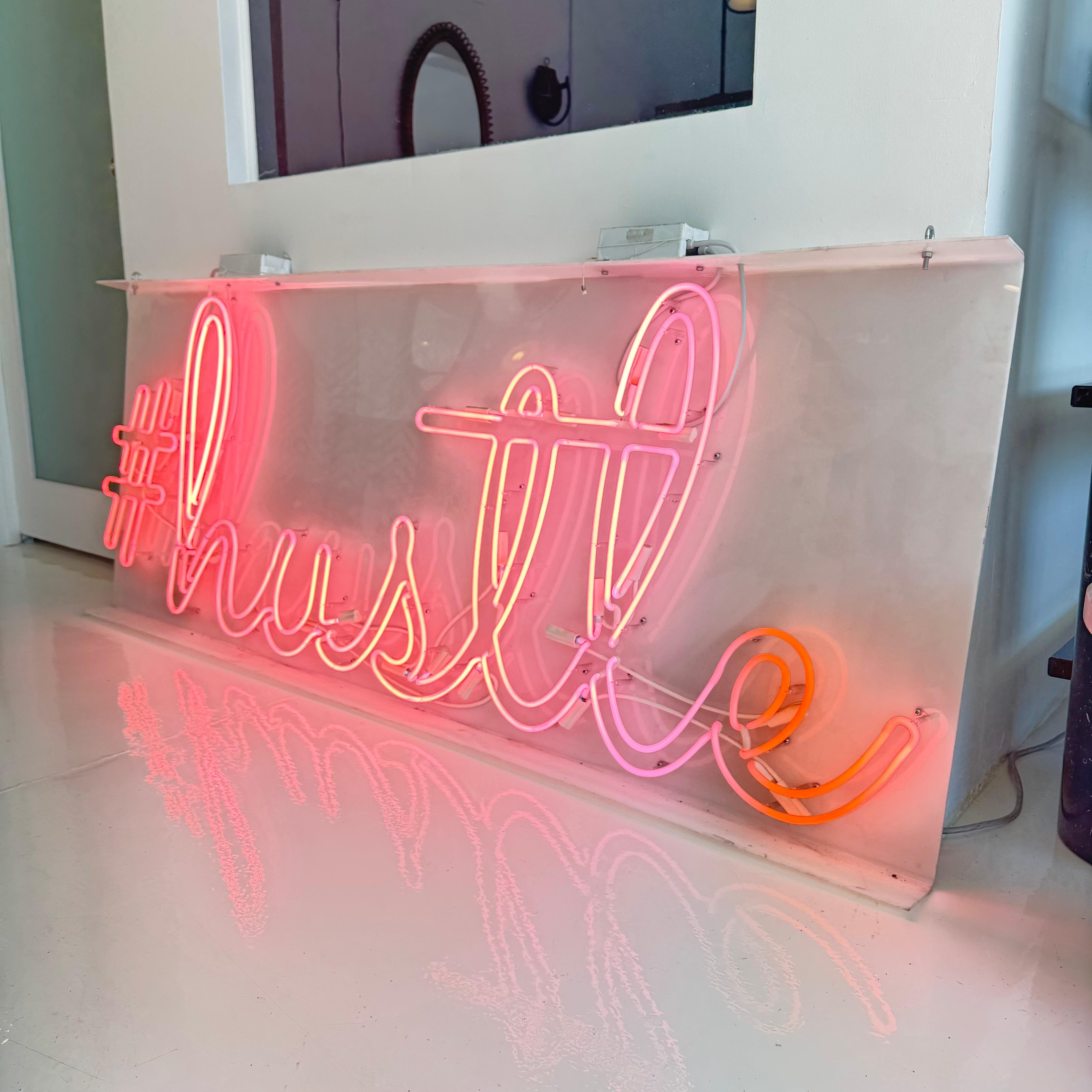 Industrial Pink Neon 'Hustle' Sign, 1990s USA For Sale