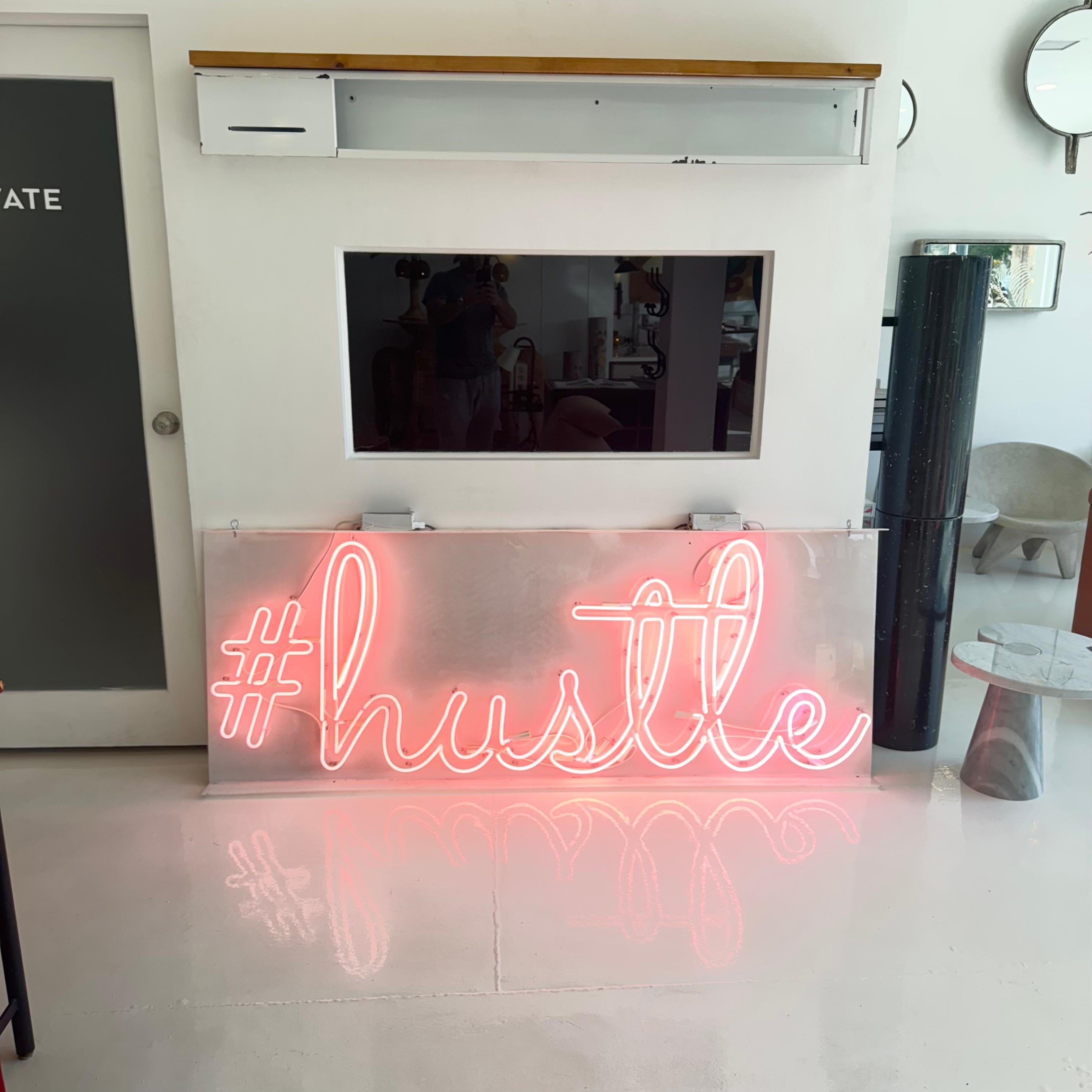 Glass Pink Neon 'Hustle' Sign, 1990s USA For Sale