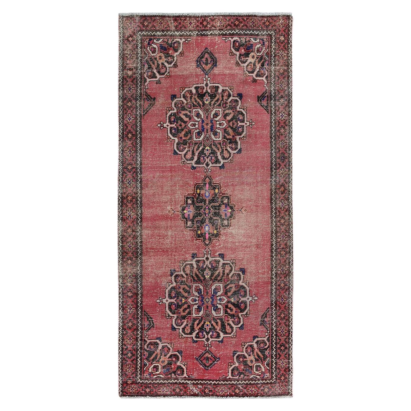 Pink Old and Worn Down Persian Bakhtiari Pure Wool Hand Knotted Runner Oriental