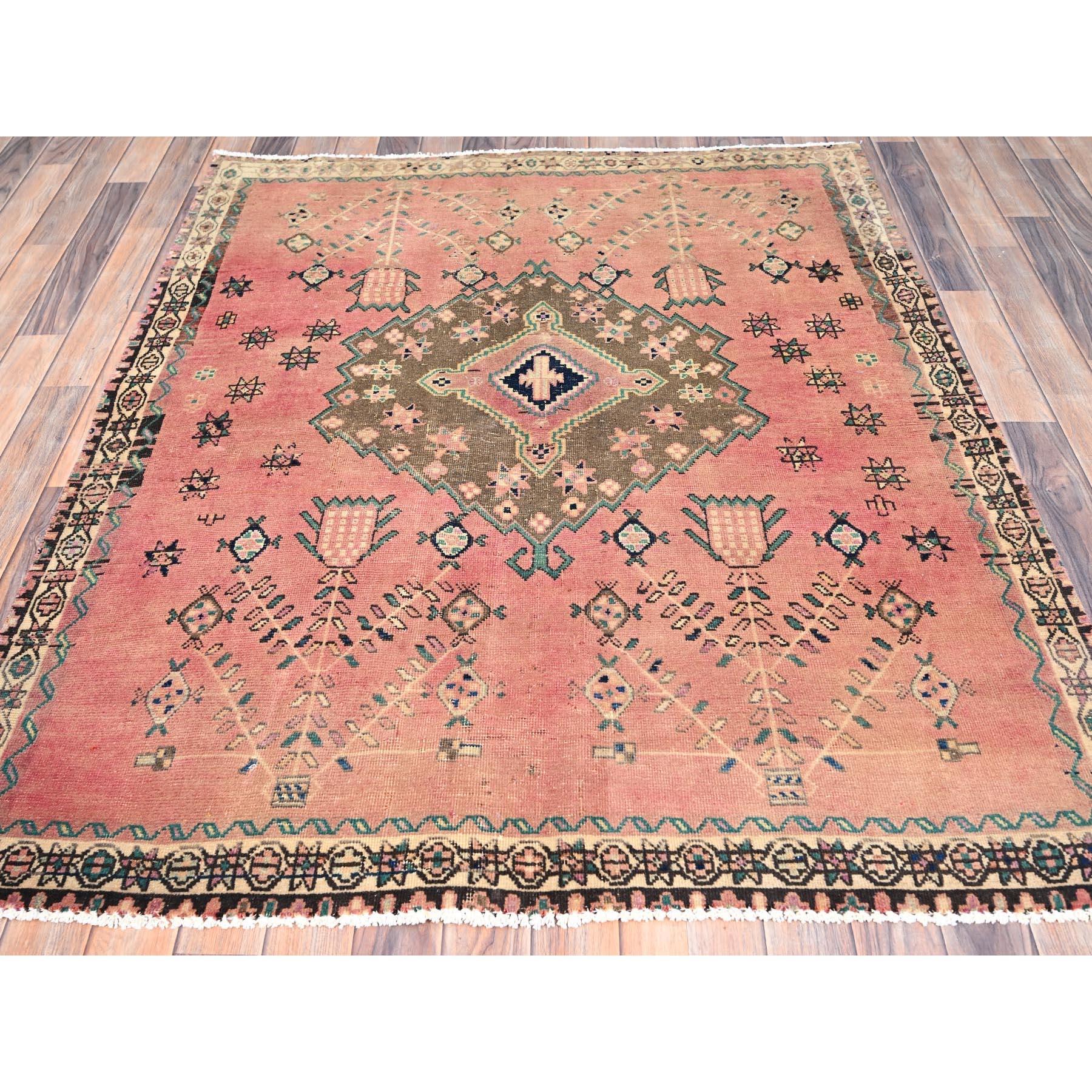 Medieval Pink Old Persian Hamadan Pure Wool Hand Knotted Rustic Look Clean Oriental Rug For Sale