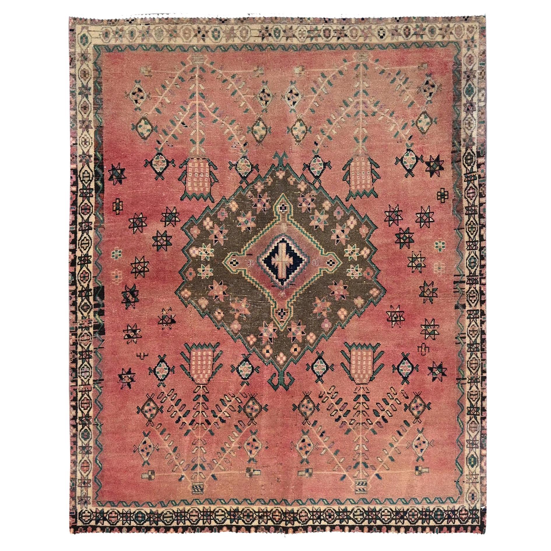 Pink Old Persian Hamadan Pure Wool Hand Knotted Rustic Look Clean Oriental Rug For Sale