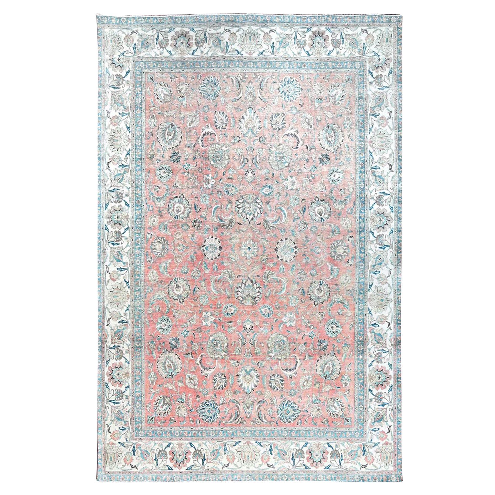 Pink Old Persian Tabriz Shahbaz Distressed Look Hand Knotted Pure Wool Clean Rug