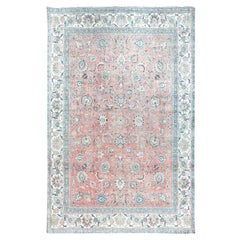 Pink Old Persian Tabriz Shahbaz Distressed Look Hand Knotted Pure Wool Clean Rug