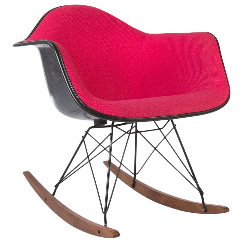 Pink on Black Herman Miller Original Eames Upholstered Rocking Arm Shell Chair For Sale