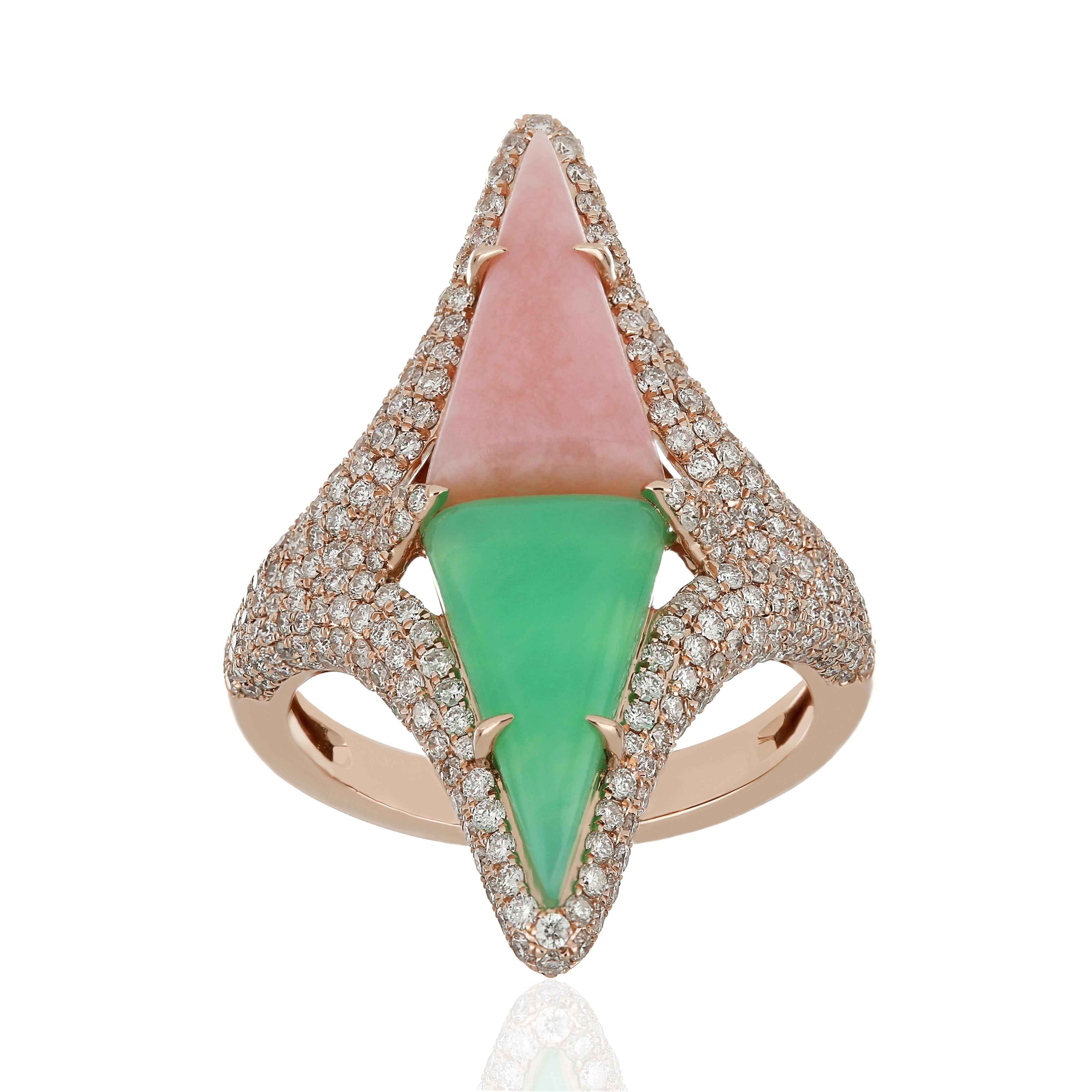 For Sale:  Pink Onyx, Chrysophrase and Diamond Studded Ring in 14 Karat Rose Gold 2