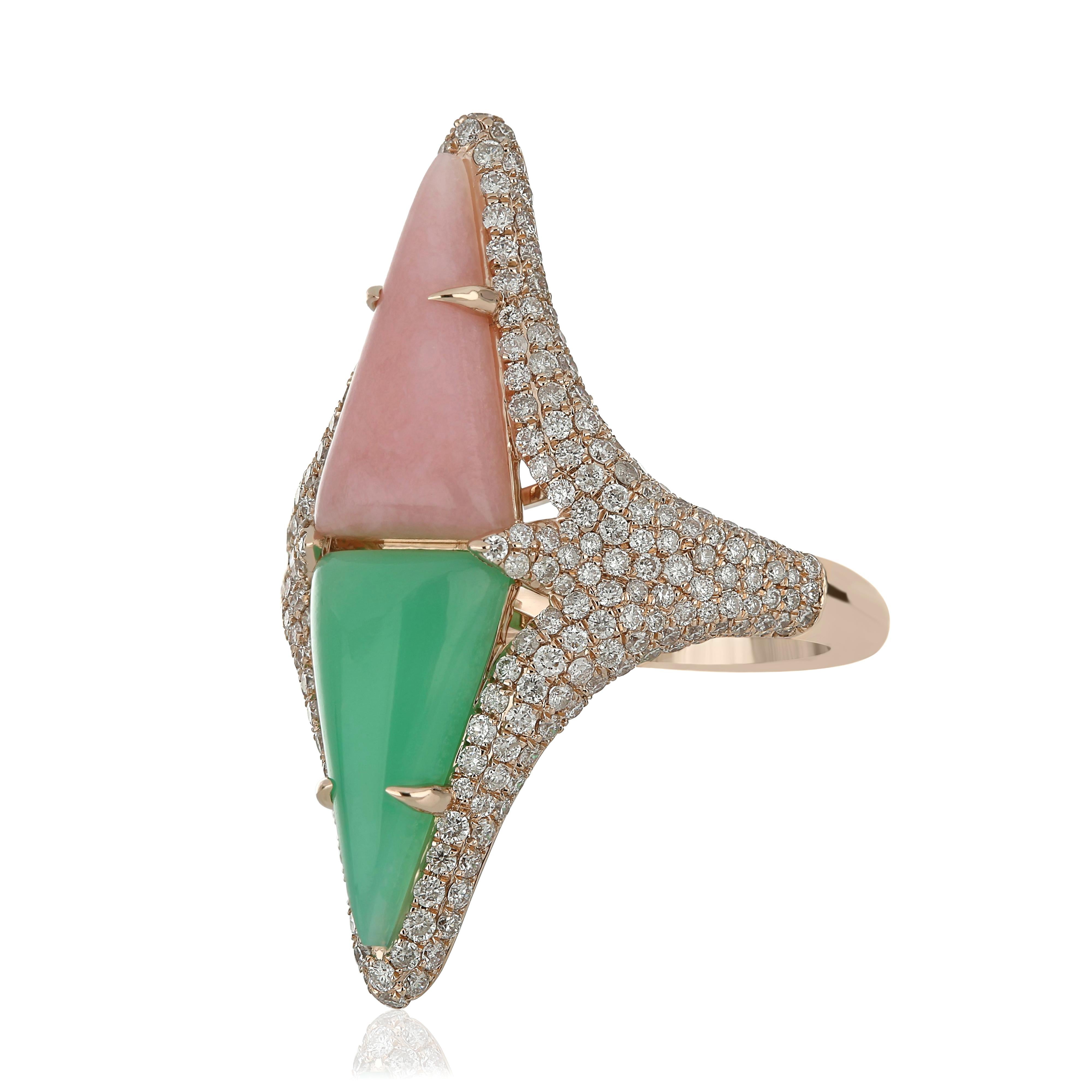 For Sale:  Pink Onyx, Chrysophrase and Diamond Studded Ring in 14 Karat Rose Gold 4