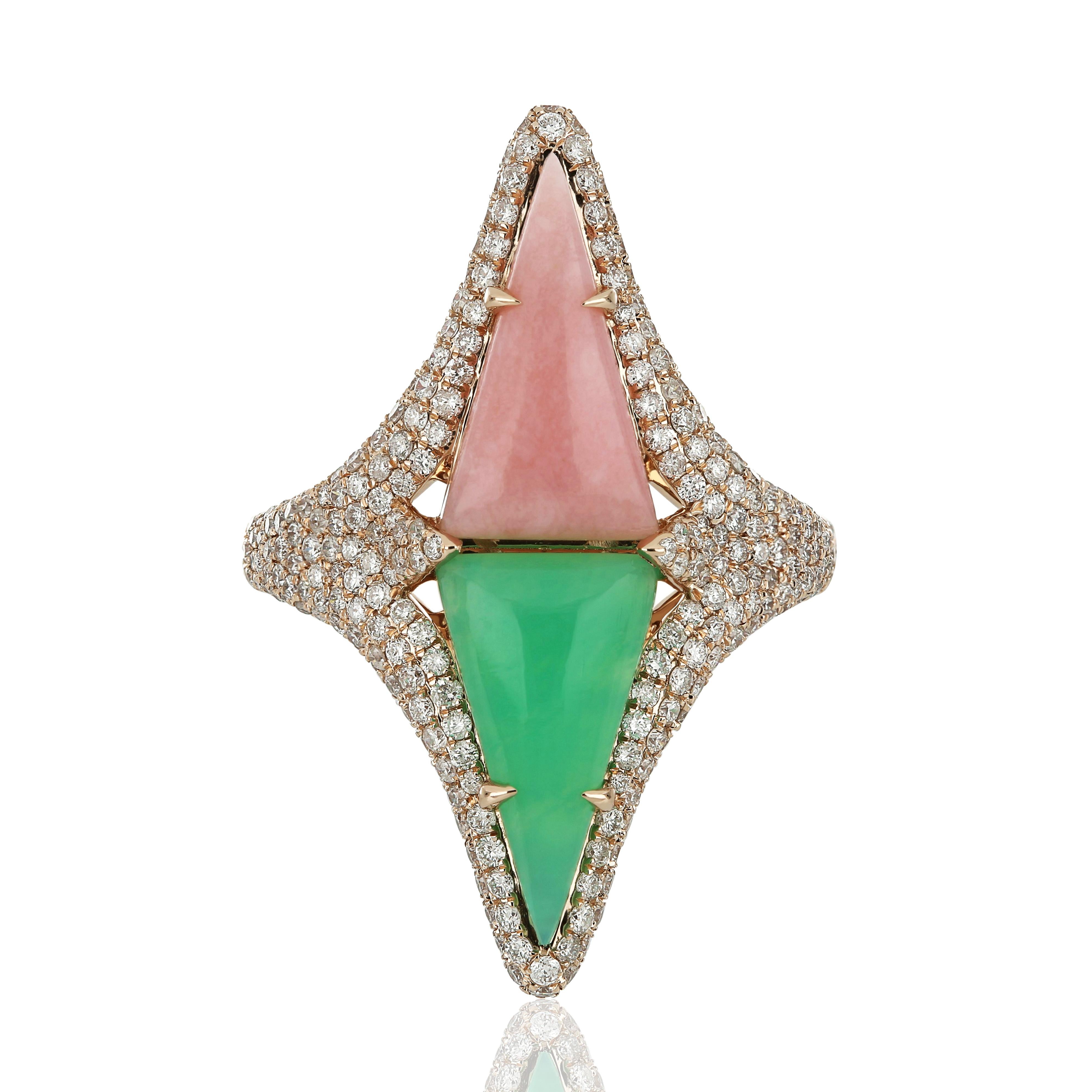 For Sale:  Pink Onyx, Chrysophrase and Diamond Studded Ring in 14 Karat Rose Gold 3