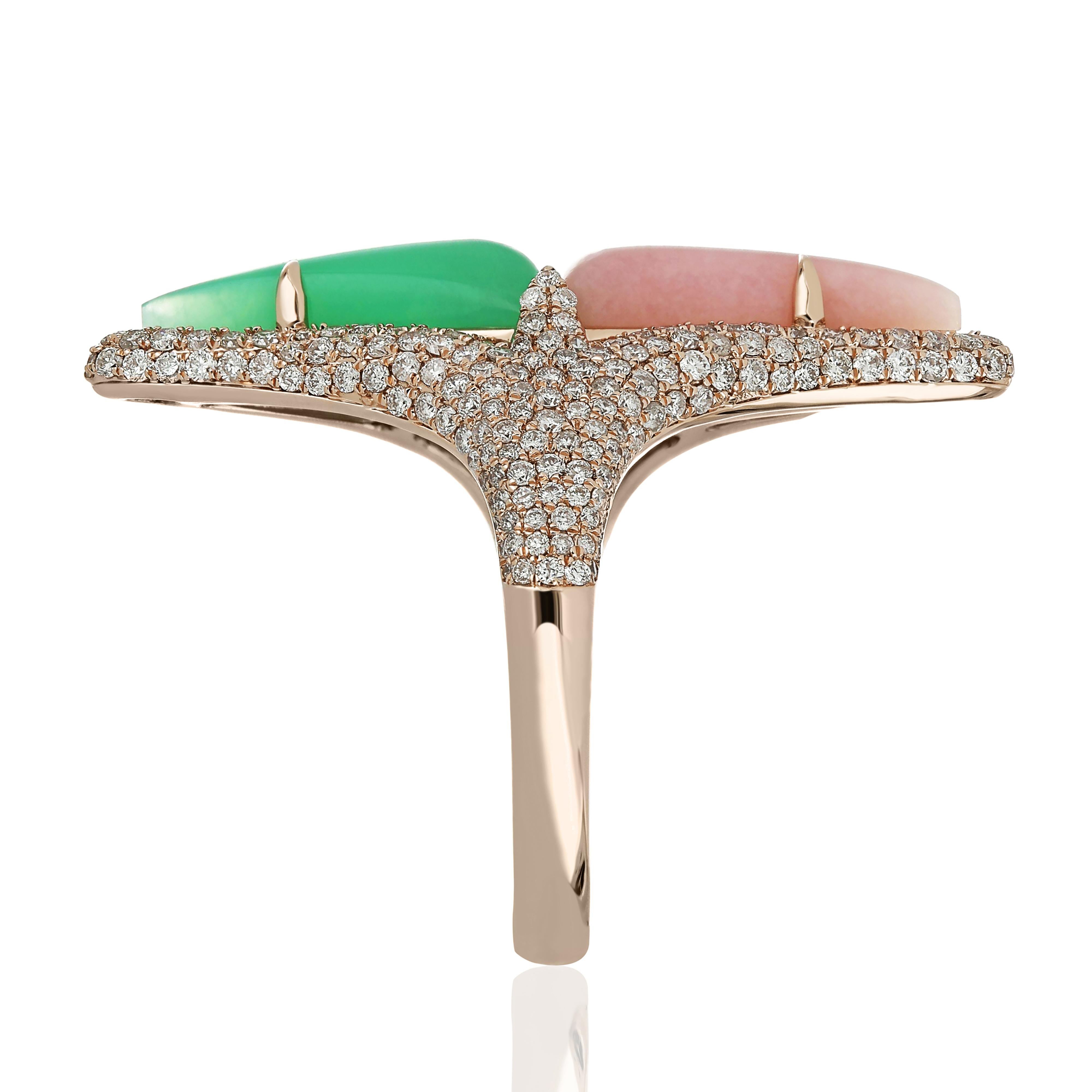 For Sale:  Pink Onyx, Chrysophrase and Diamond Studded Ring in 14 Karat Rose Gold 5