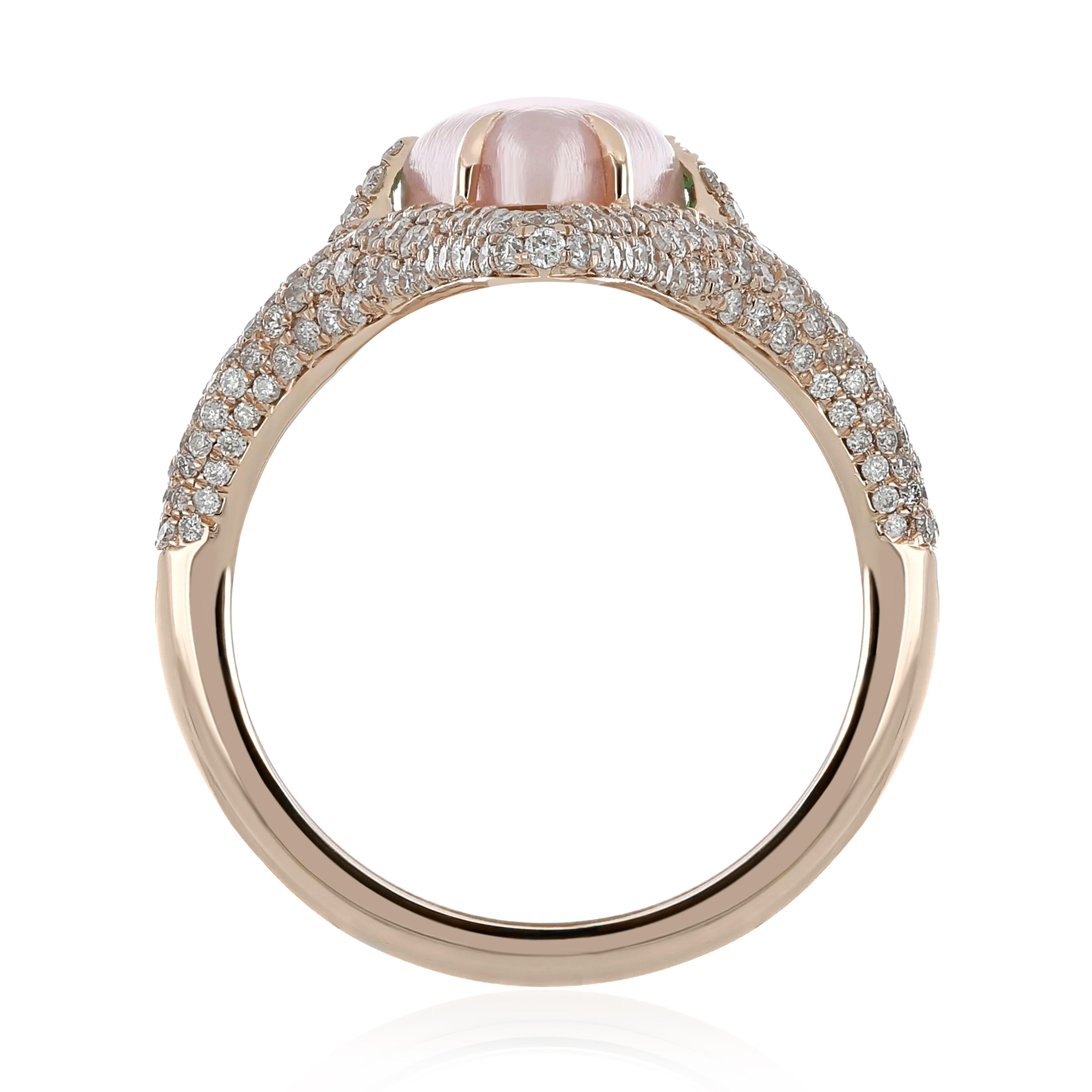 For Sale:  Pink Onyx, Chrysophrase and Diamond Studded Ring in 14 Karat Rose Gold 6