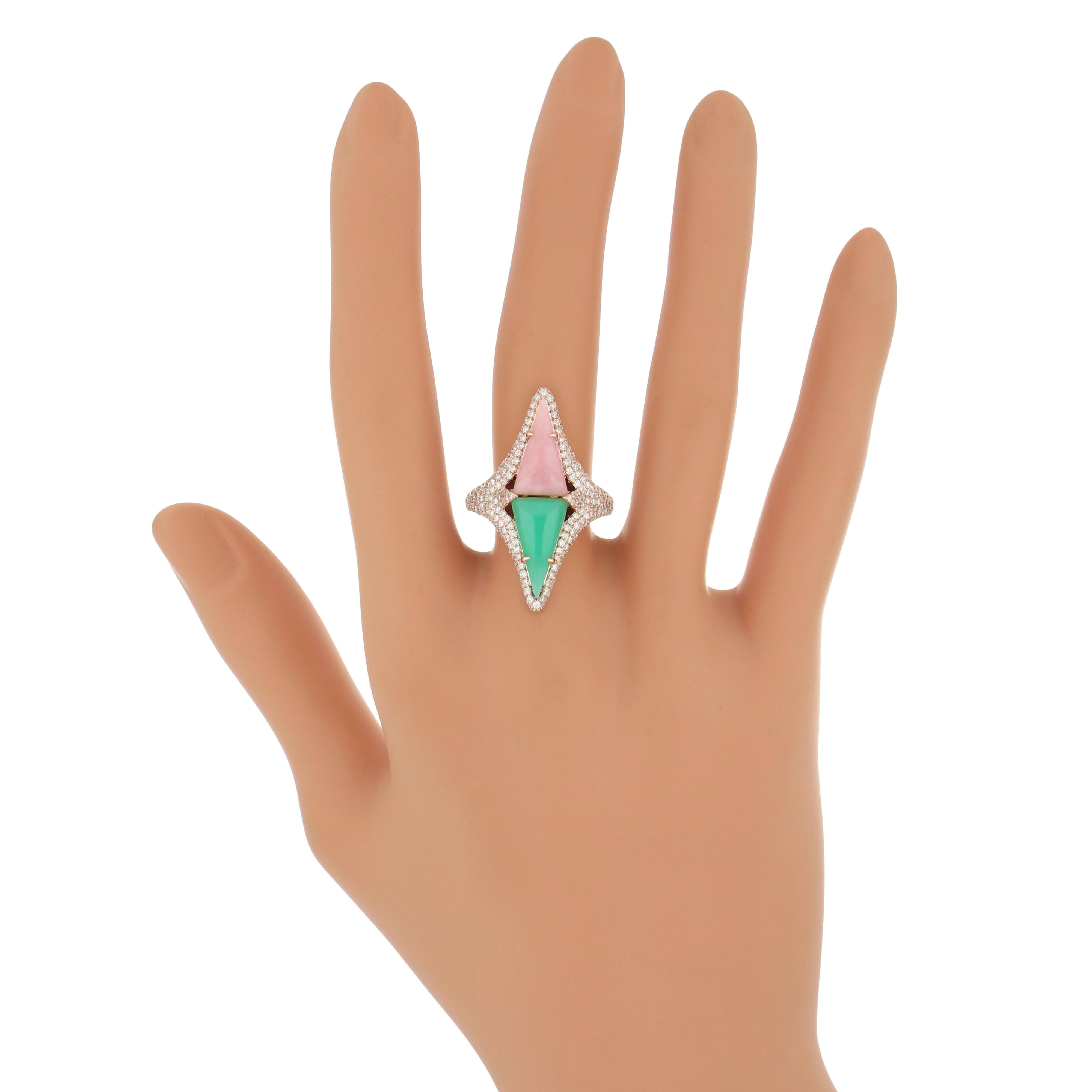For Sale:  Pink Onyx, Chrysophrase and Diamond Studded Ring in 14 Karat Rose Gold 8