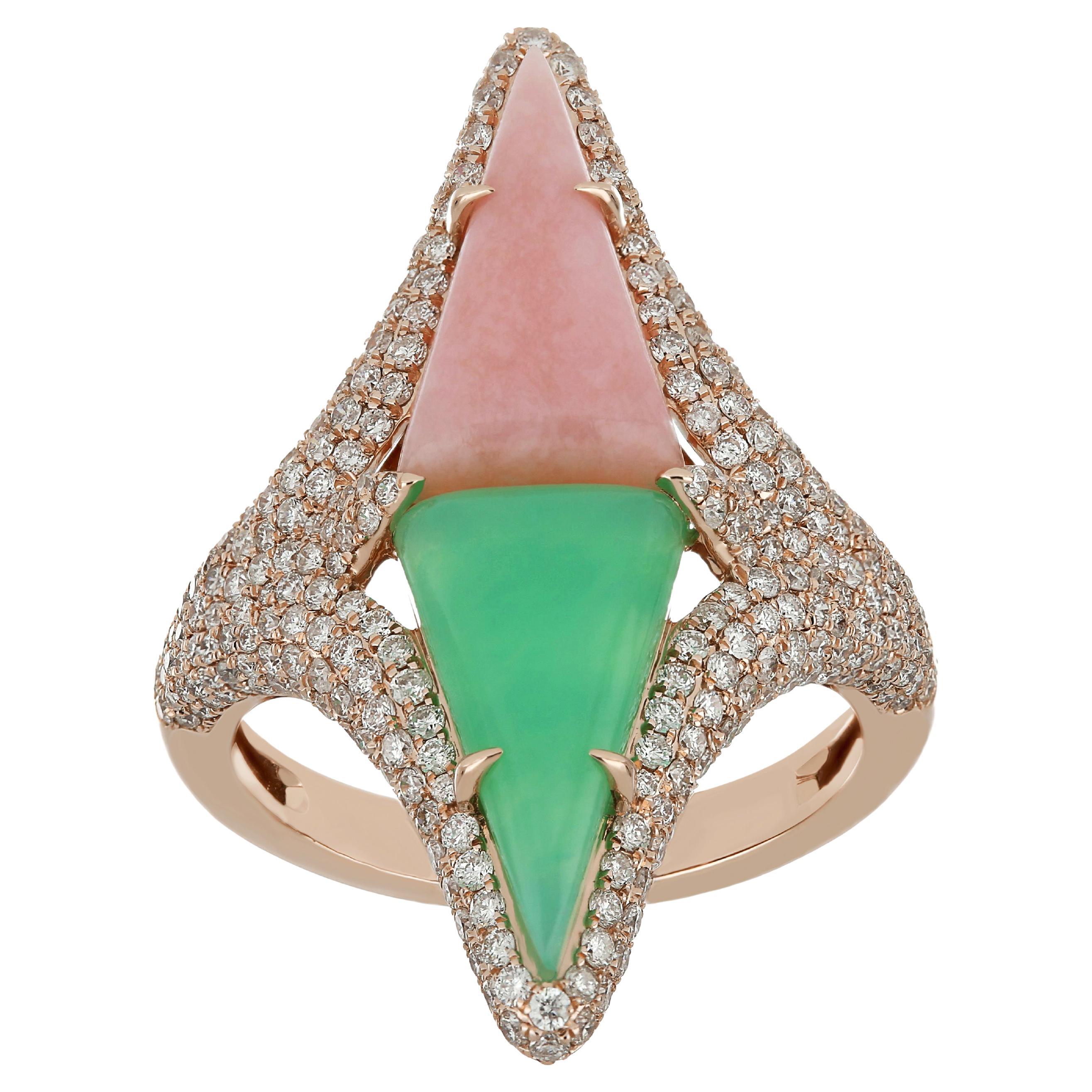 Bague cloutée en or rose 14 carats, onyx rose, chrysophrase et diamants