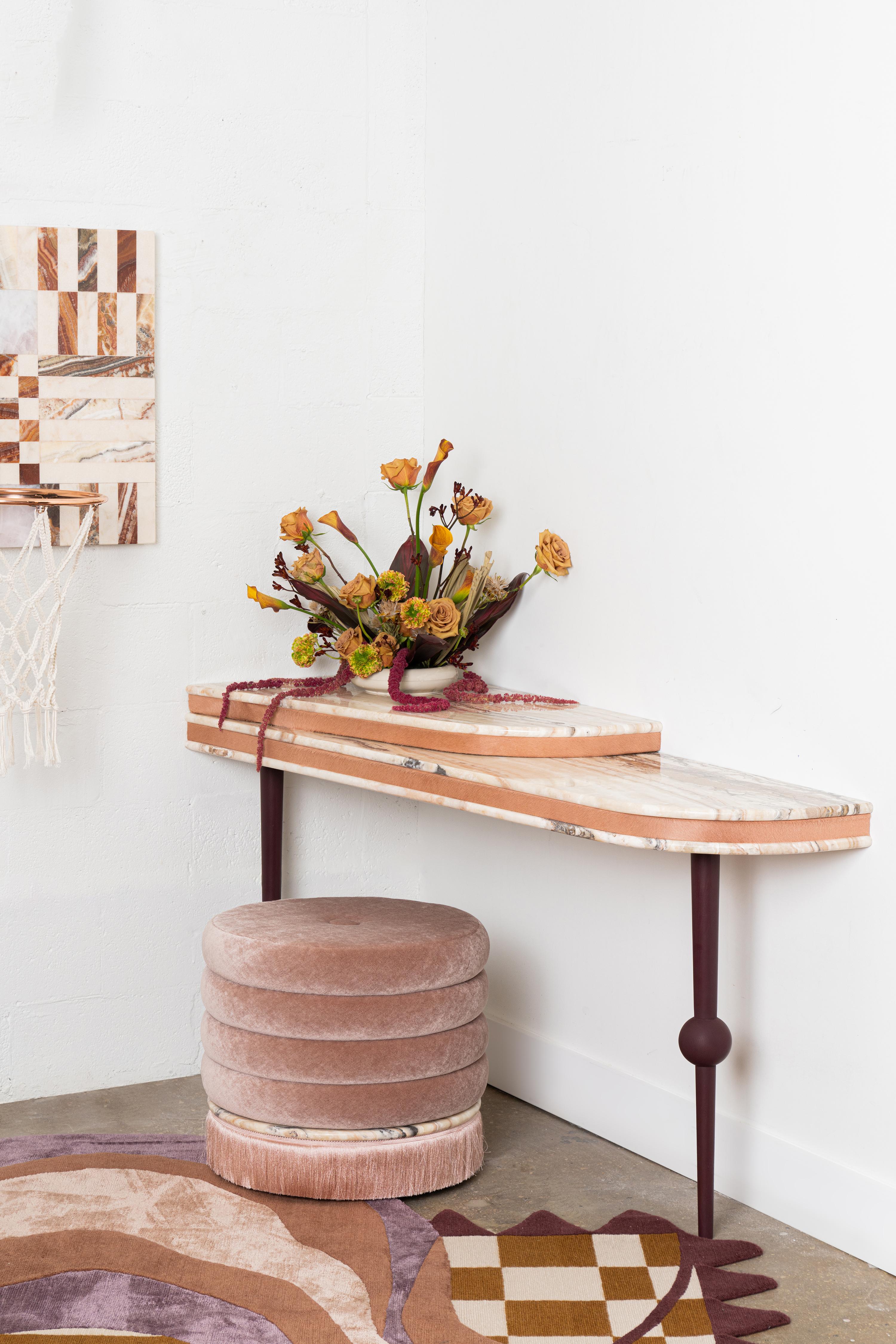 Modern Pink Onyx & Dusty Rose Mohair Double Tiered Console Corner Table For Sale