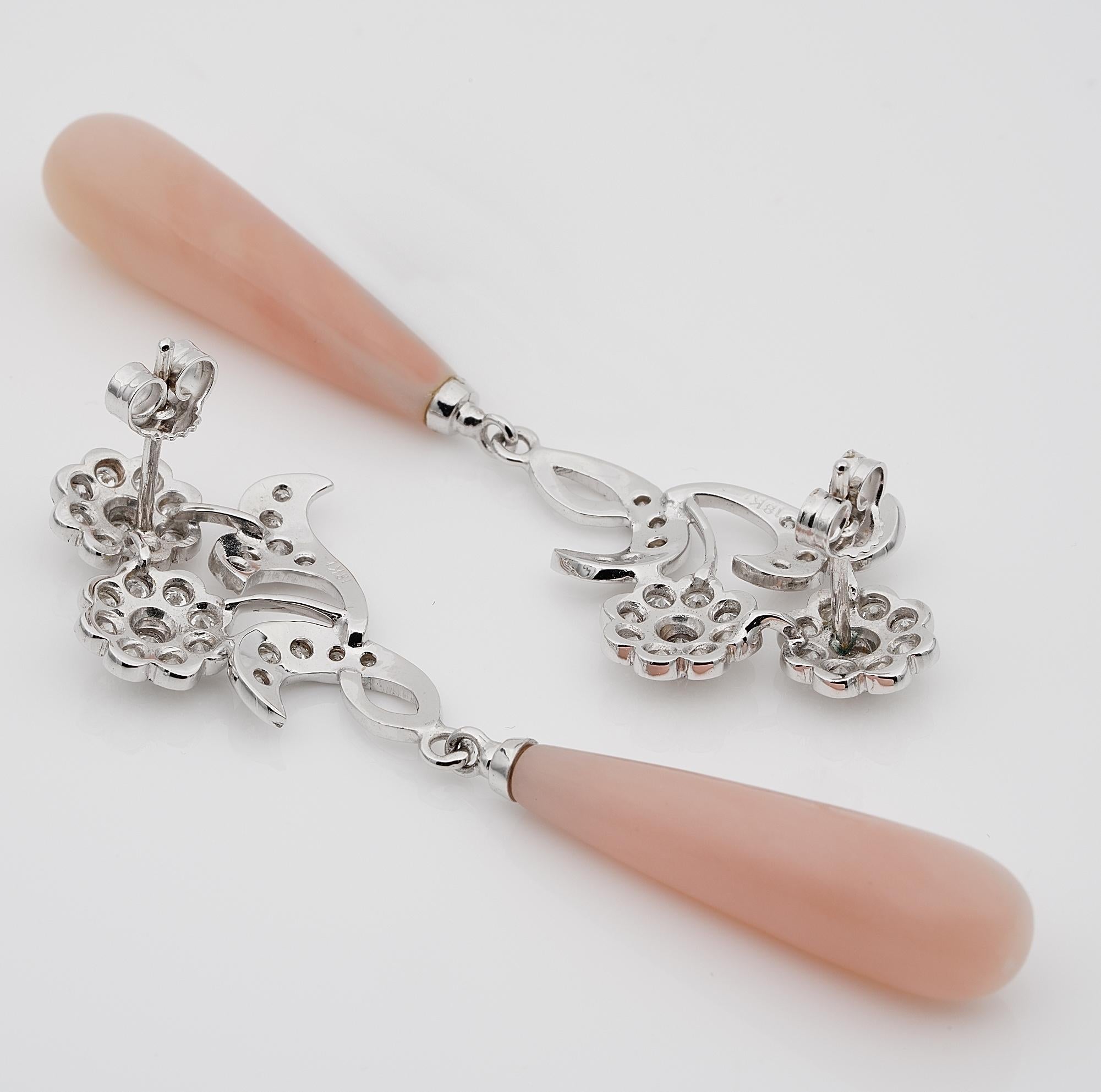 Pink Opal 2.40 Carat Diamond Long Drop Earrings In Excellent Condition For Sale In Napoli, IT