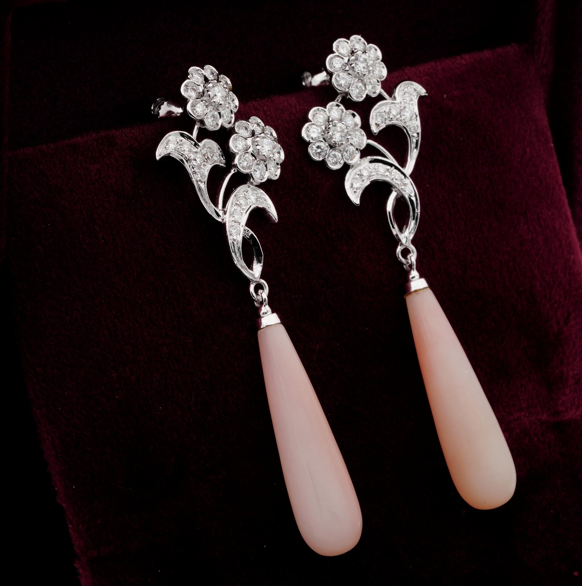 Beloved Pink
An exquisite pair of Natural Pink Opal & Diamond ear drops.
Stunning design, lovely Pink Pastel colour combined with dazzling Diamonds
Earrings are very much Art Nouveau inspired with a delightful group of flower with leaf work