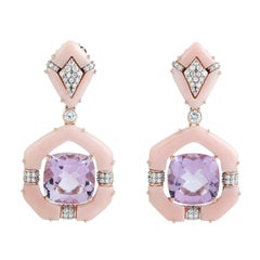 Geometrische Tropf-Ohrringe mit rosa Opal, Amethyst und Diamanten aus 14-karätigem Roségold