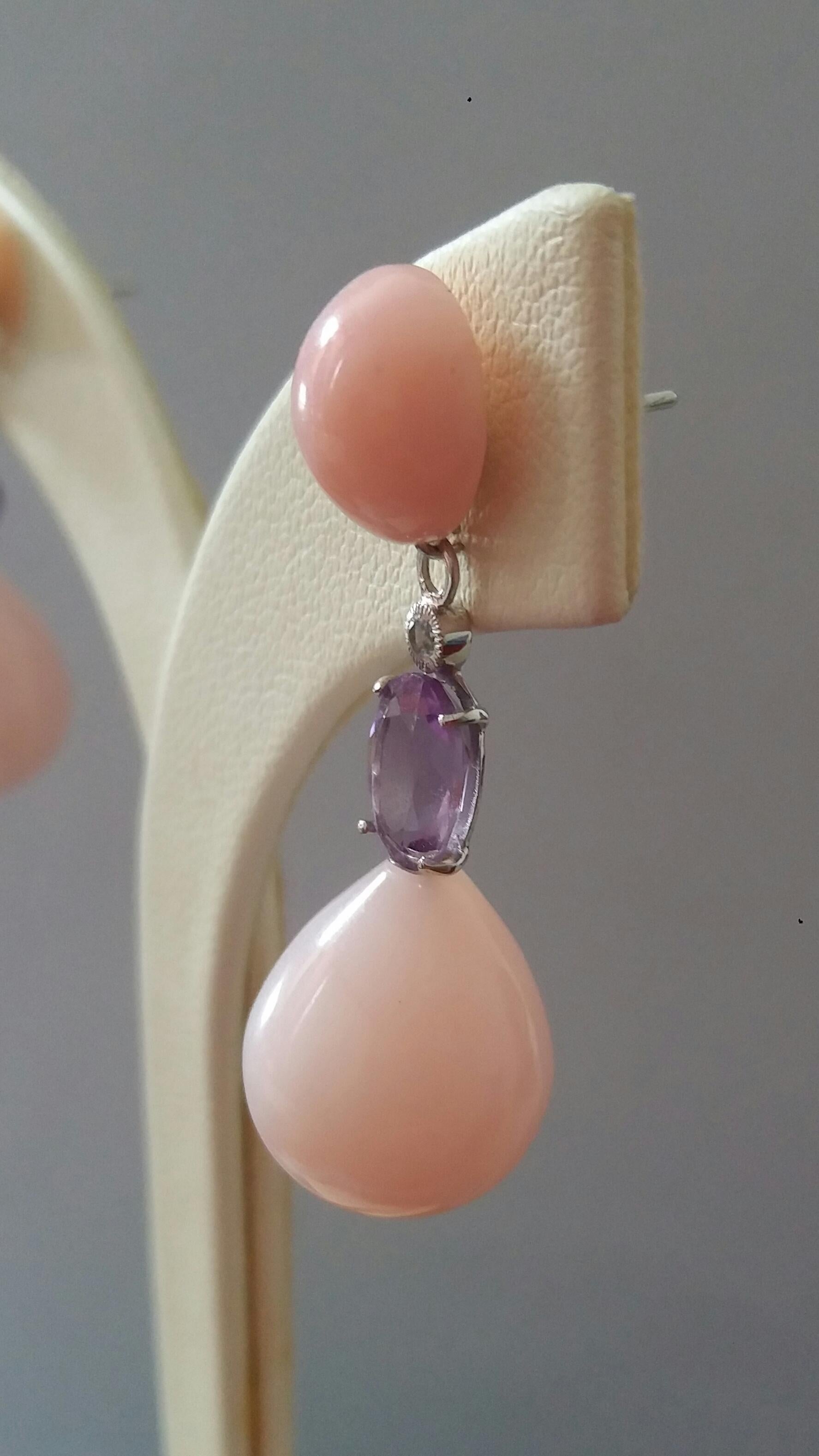 Cabochon Pink Opal Amethyst Full Cut Round Diamonds White Gold Drops Earrings For Sale