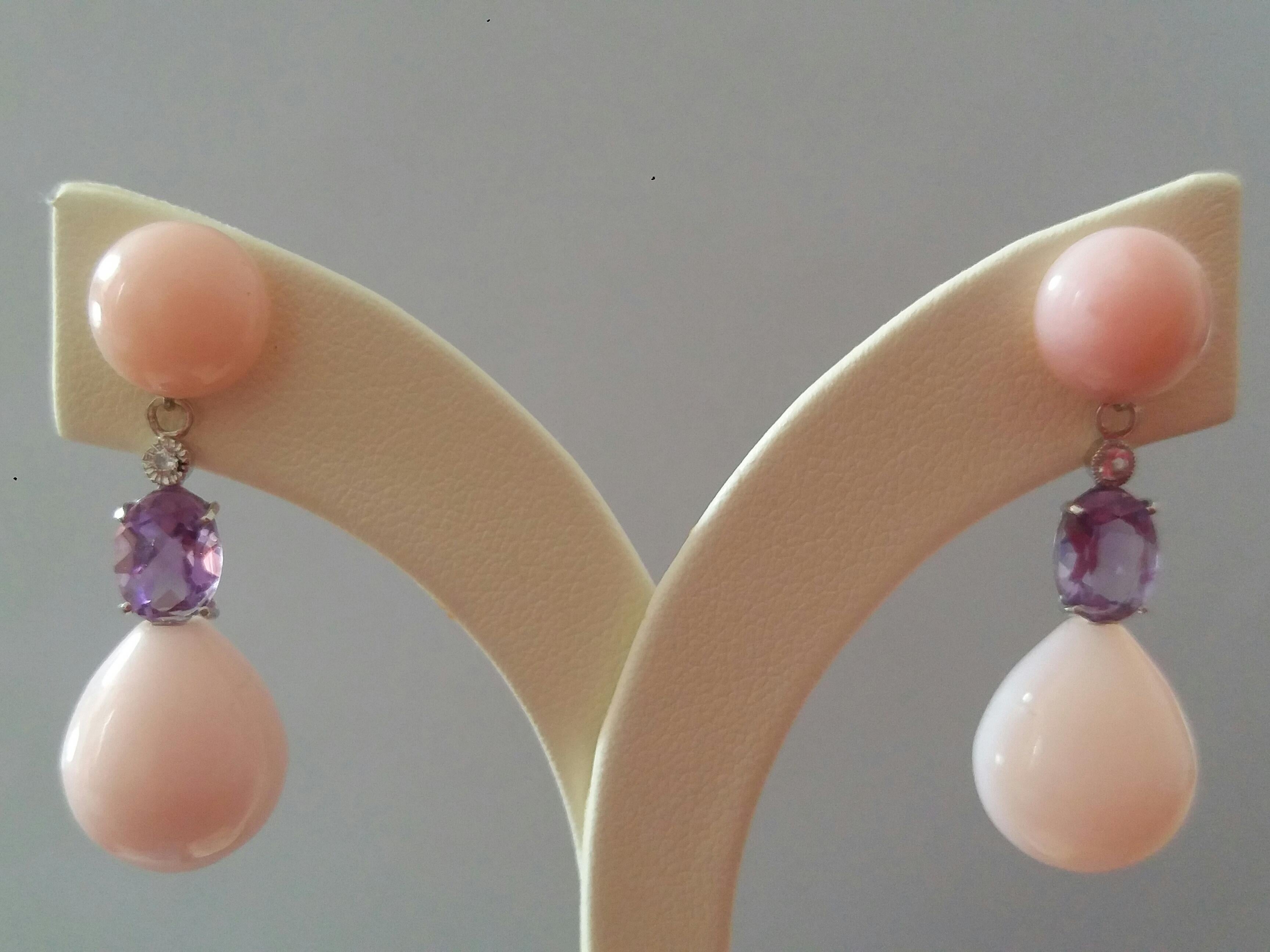 Pink Opal Amethyst Full Cut Round Diamonds White Gold Drops Earrings In Good Condition For Sale In Bangkok, TH