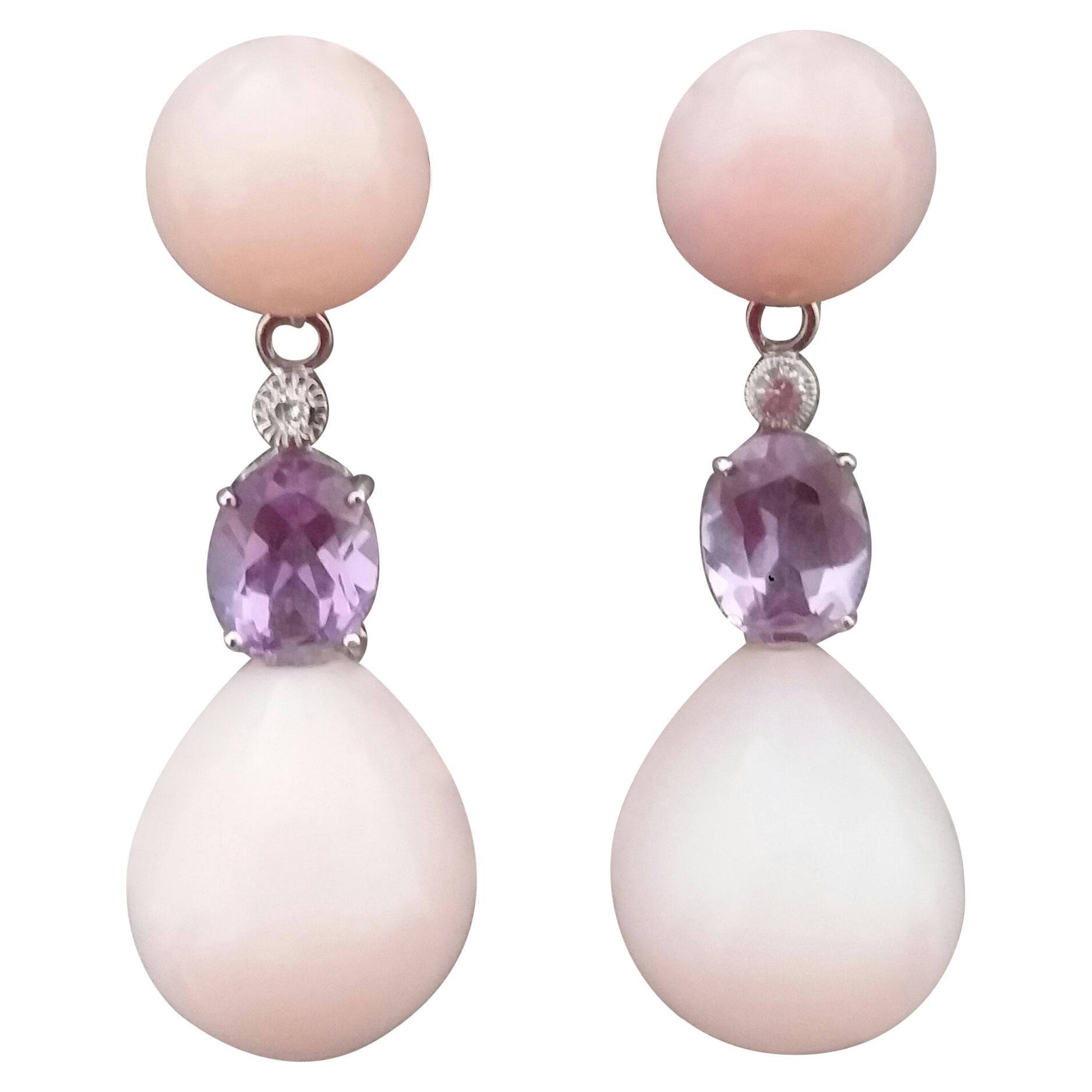 Boucles d'oreilles en gouttes en or blanc avec opale rose, améthyste et diamants ronds pleine taille