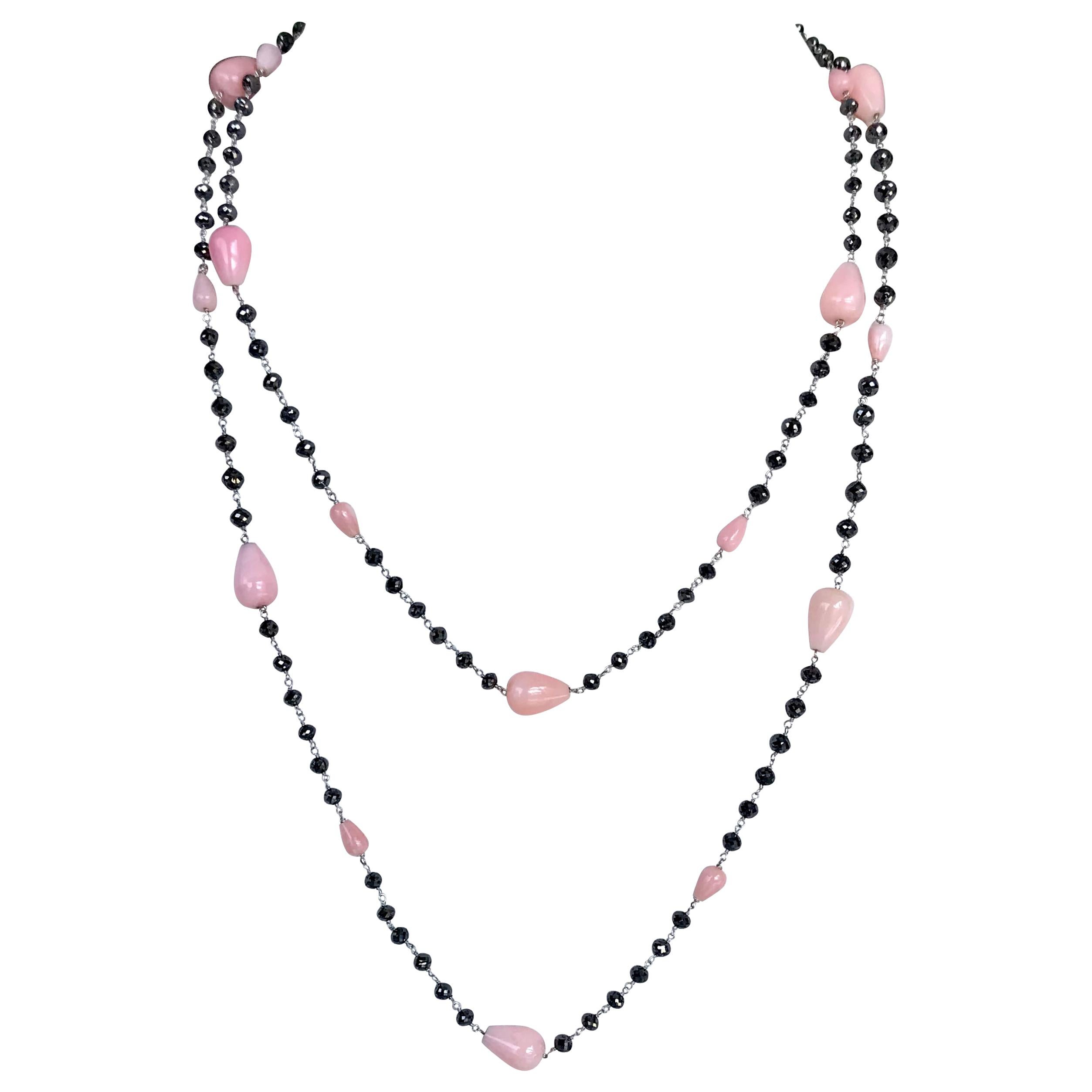Pink Opal and Black Diamond Beads 14 Karat White Gold Chain Necklace For Sale