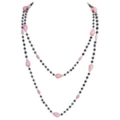 Pink Opal and Black Diamond Beads 14 Karat White Gold Chain Necklace