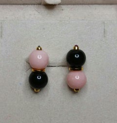 Pink Opal and Black Onyx Round Beads Rubies Black Diamonds Gold Stud Earrings