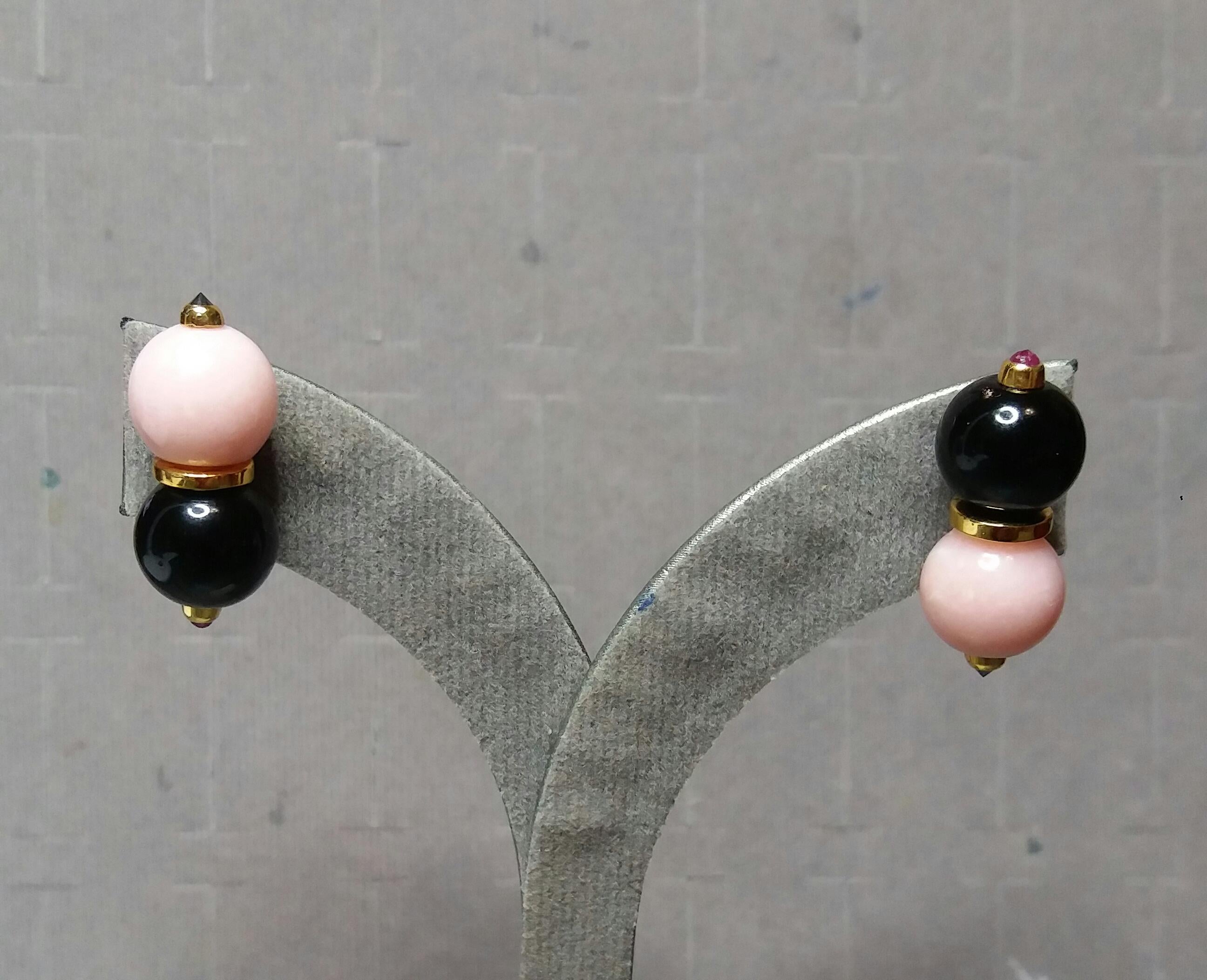 Art Deco Pink Opal and Black Onyx Round Beads Rubies Black Diamonds Gold Stud Earrings For Sale