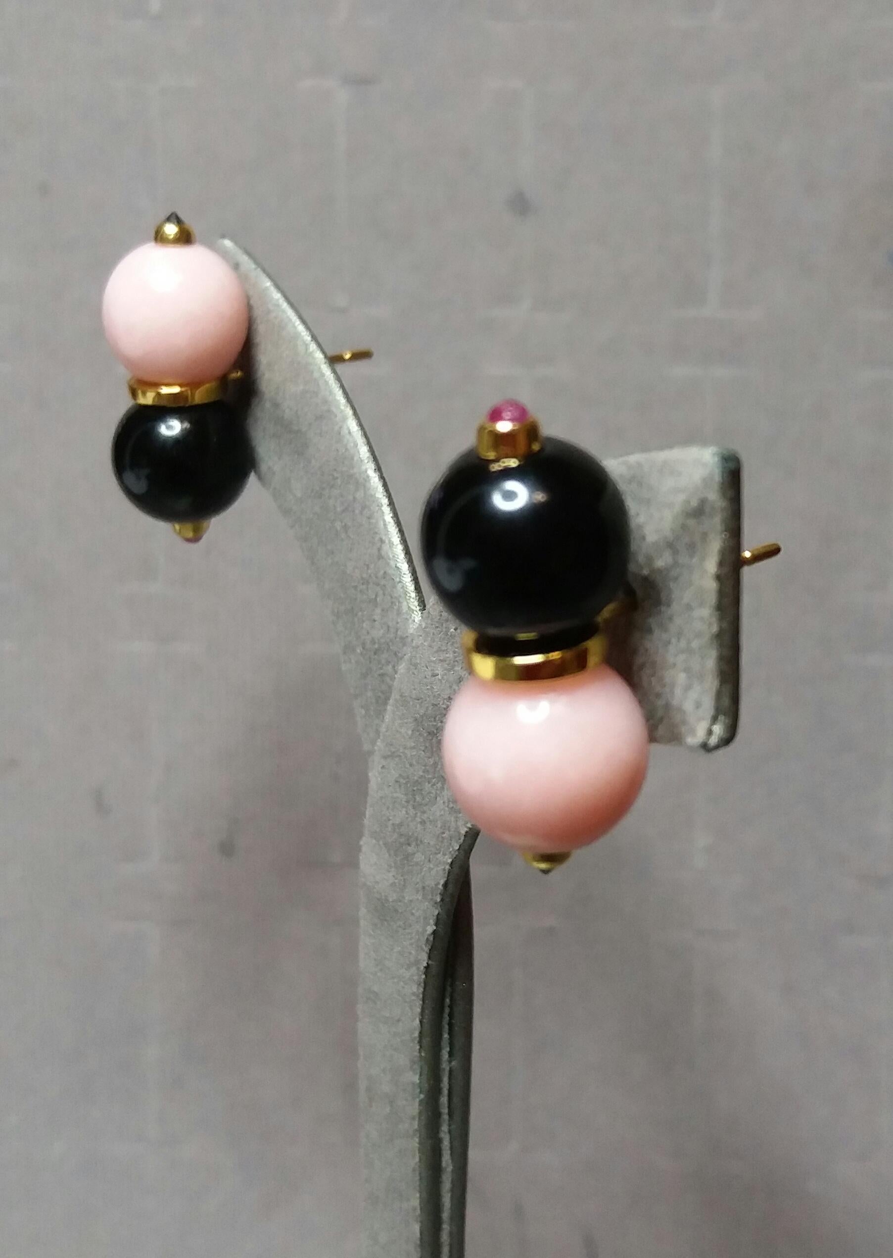 Art Deco Pink Opal and Black Onyx Round Beads Rubies Black Diamonds Gold Stud Earrings