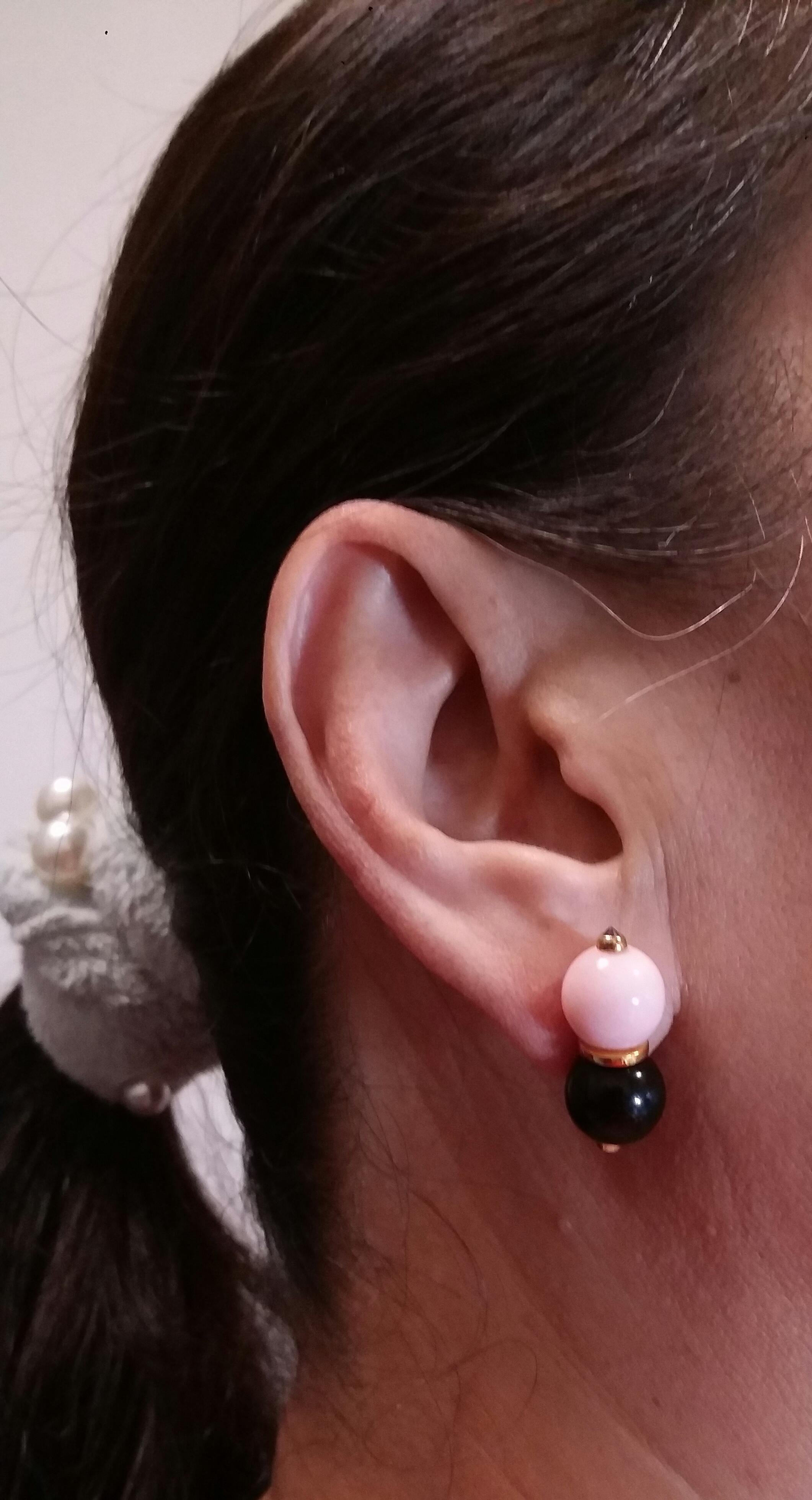 Round Cut Pink Opal and Black Onyx Round Beads Rubies Black Diamonds Gold Stud Earrings