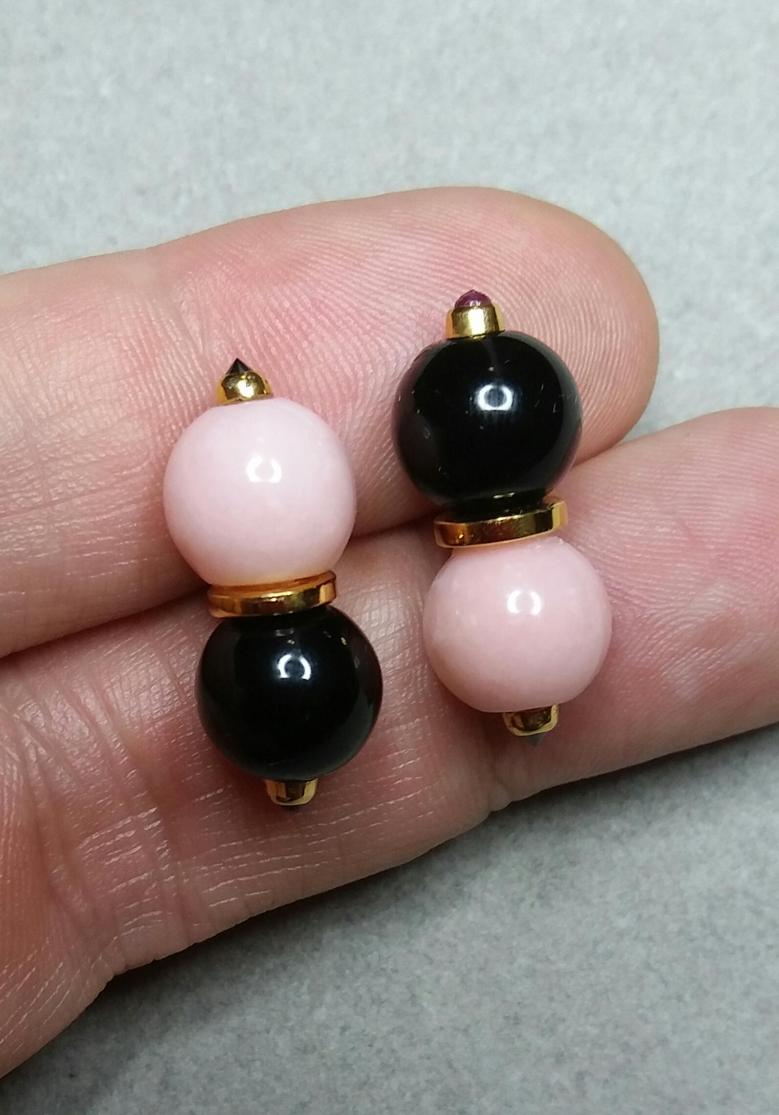 Women's Pink Opal and Black Onyx Round Beads Rubies Black Diamonds Gold Stud Earrings For Sale