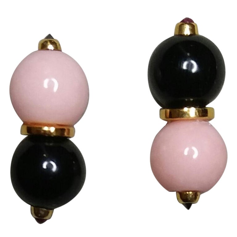 Pink Opal and Black Onyx Round Beads Rubies Black Diamonds Gold Stud Earrings For Sale