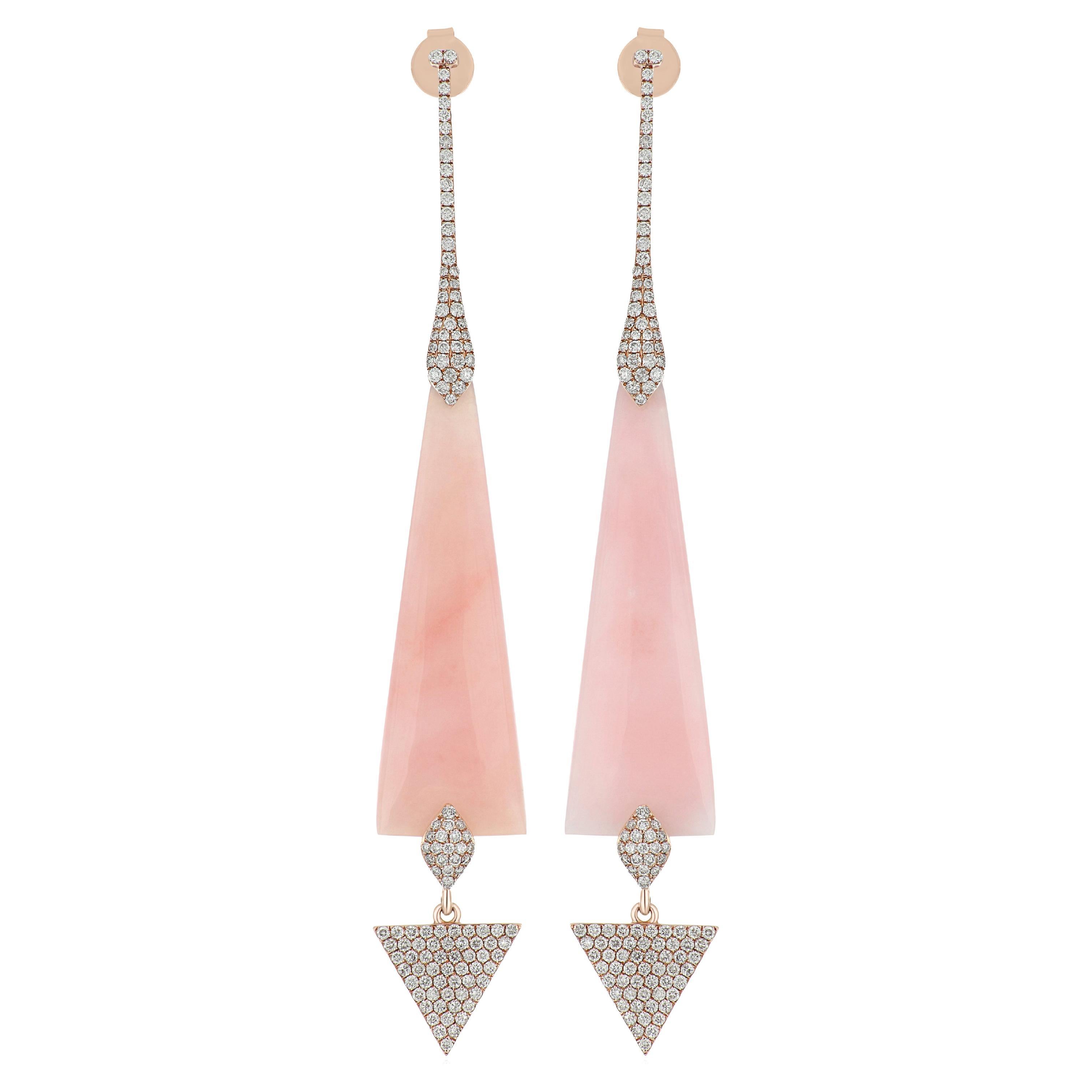 14 Karat Roségold Ohrring mit rosa Opal und Diamant im Angebot