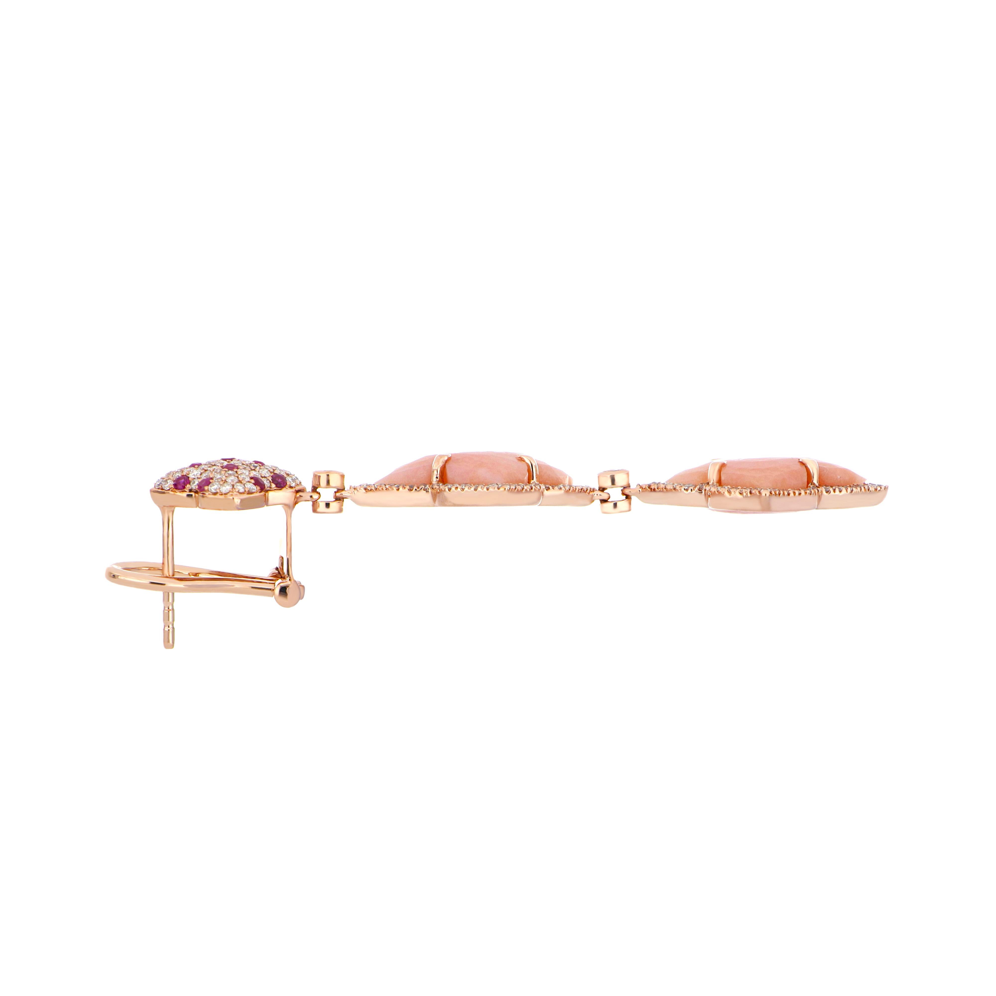 Contemporary Pink Opal and Diamond Earrings in 14 Karat Rose Gold For Sale