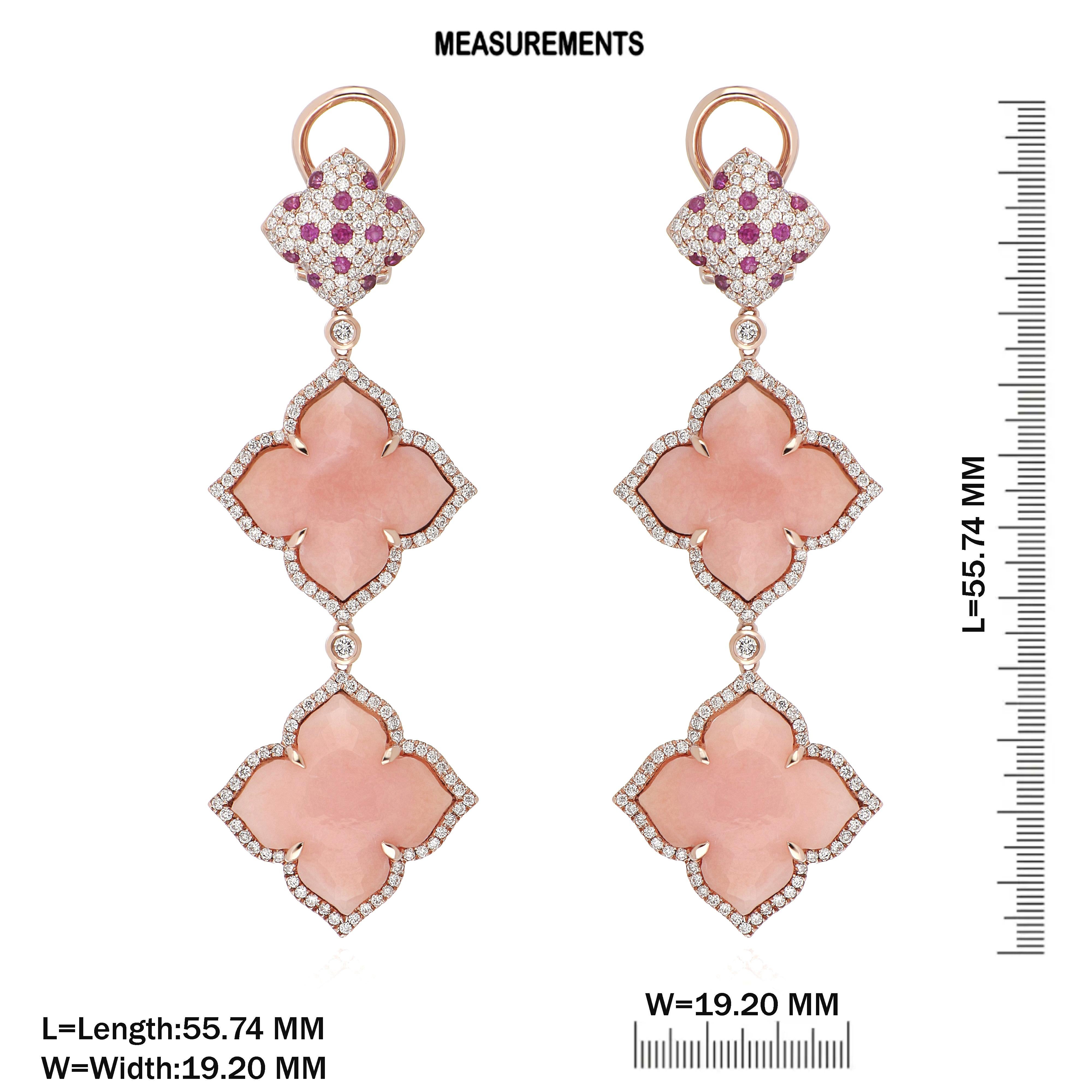 Mixed Cut Pink Opal and Diamond Earrings in 14 Karat Rose Gold For Sale
