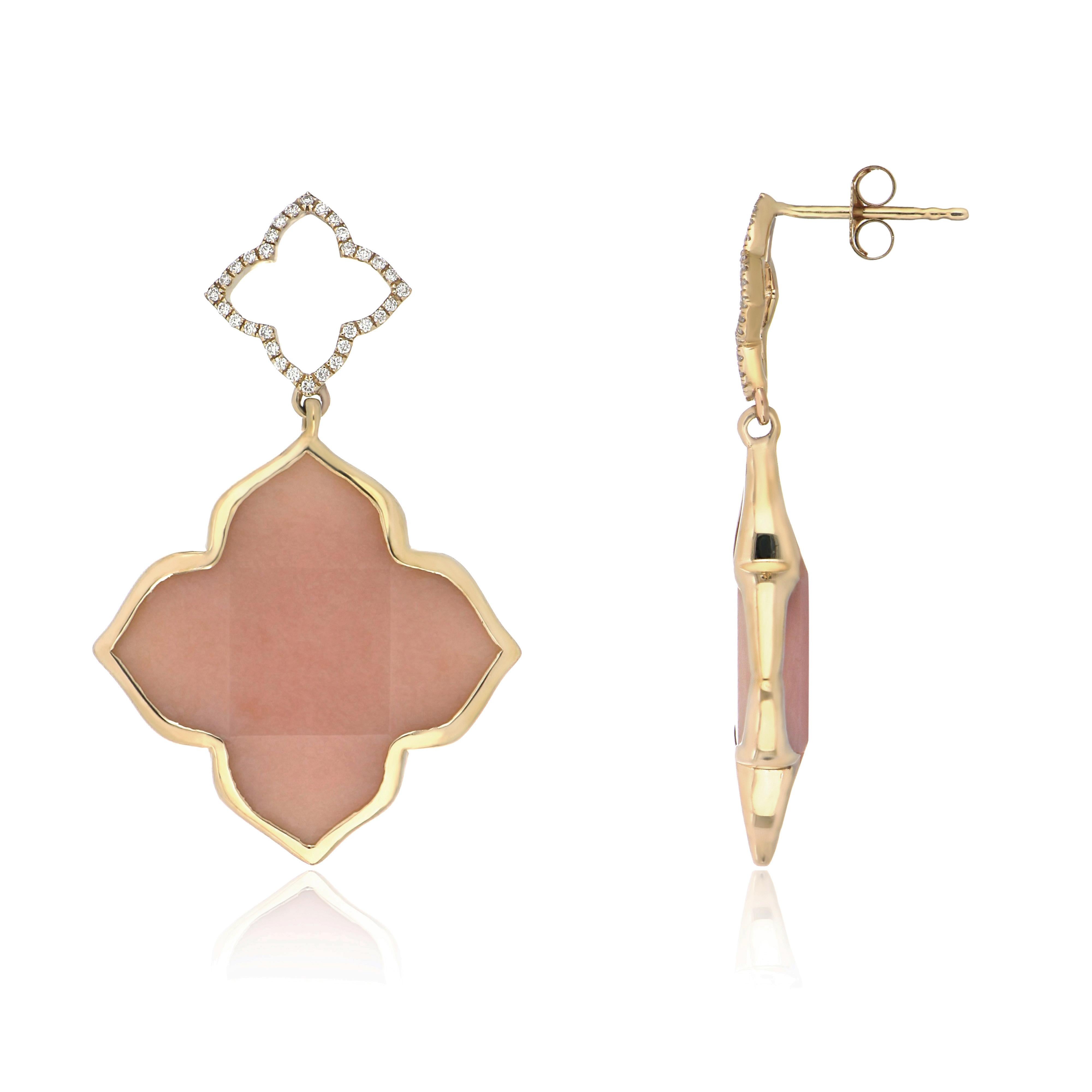 Contemporary 19.63Cts Pink Opal and Diamond Earrings in 14Karat Yellow Gold Hand-made Earring