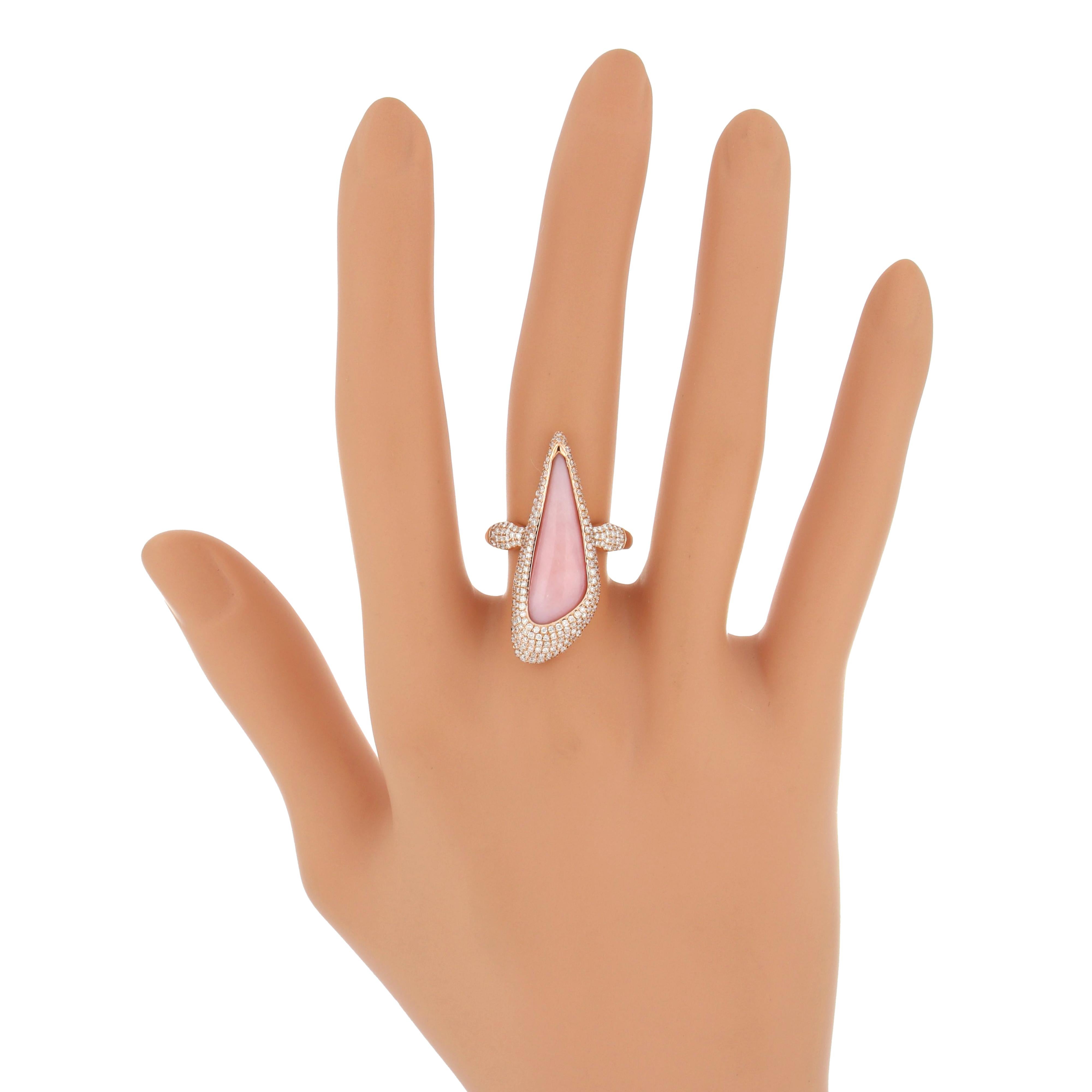 For Sale:  Pink Opal and Diamond Studded Ring in 14 Karat Rose Gold 8