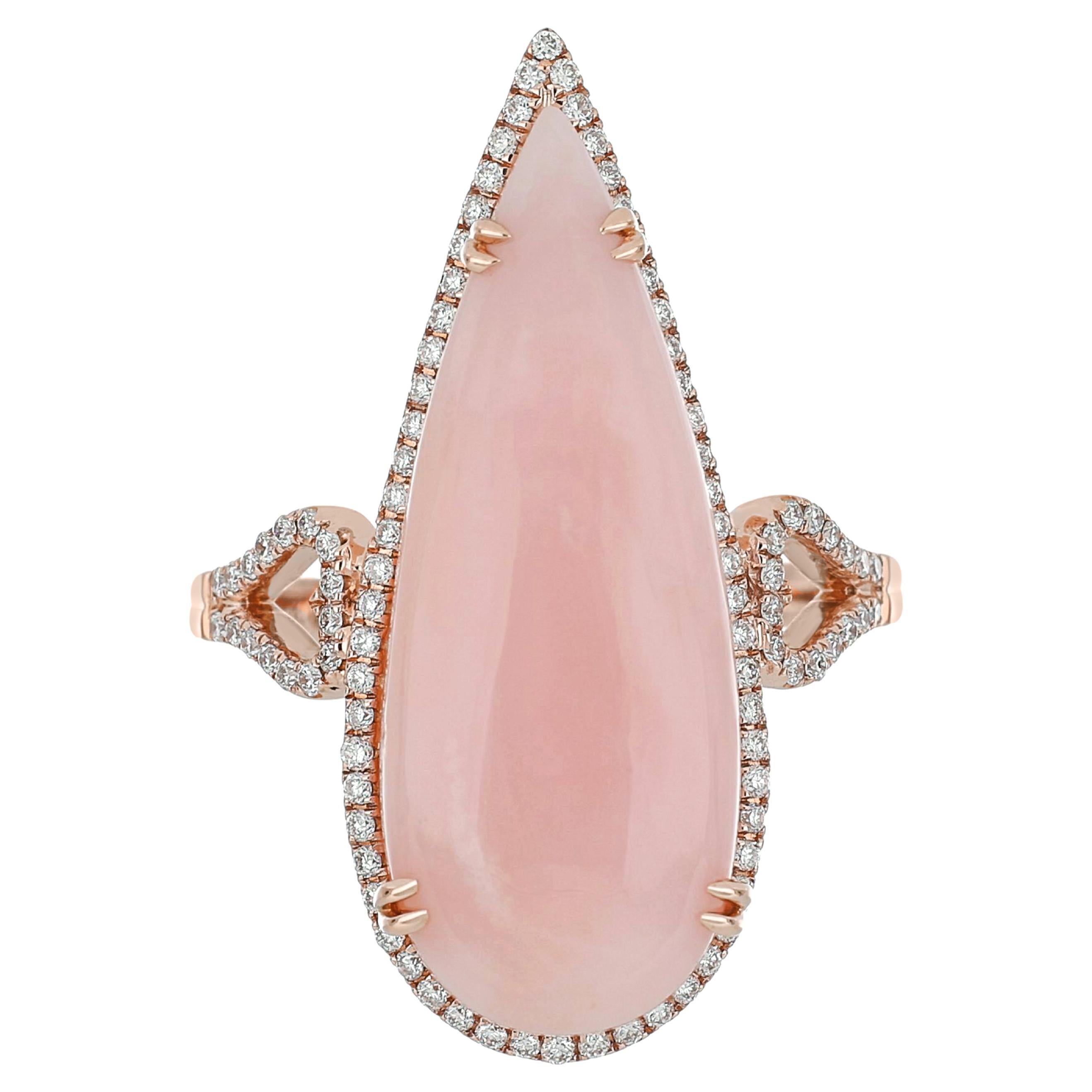 For Sale:  Pink Opal and Diamond Studded Ring in 14 Karat Rose Gold