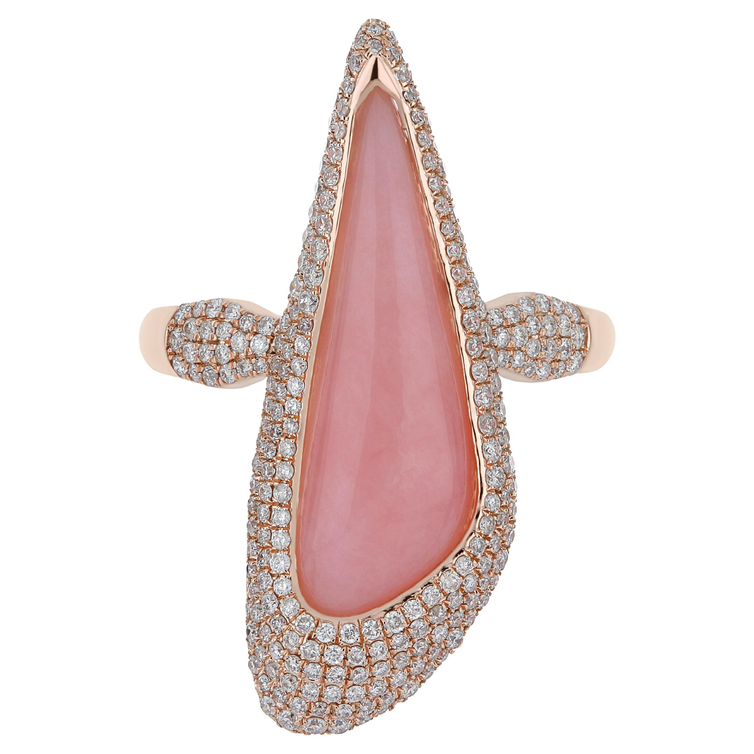 For Sale:  Pink Opal and Diamond Studded Ring in 14 Karat Rose Gold