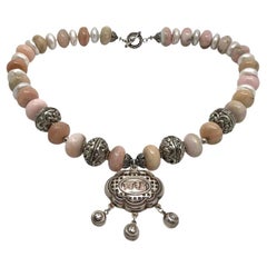 Antique Pink Opal and Pearl Necklace with Pendant