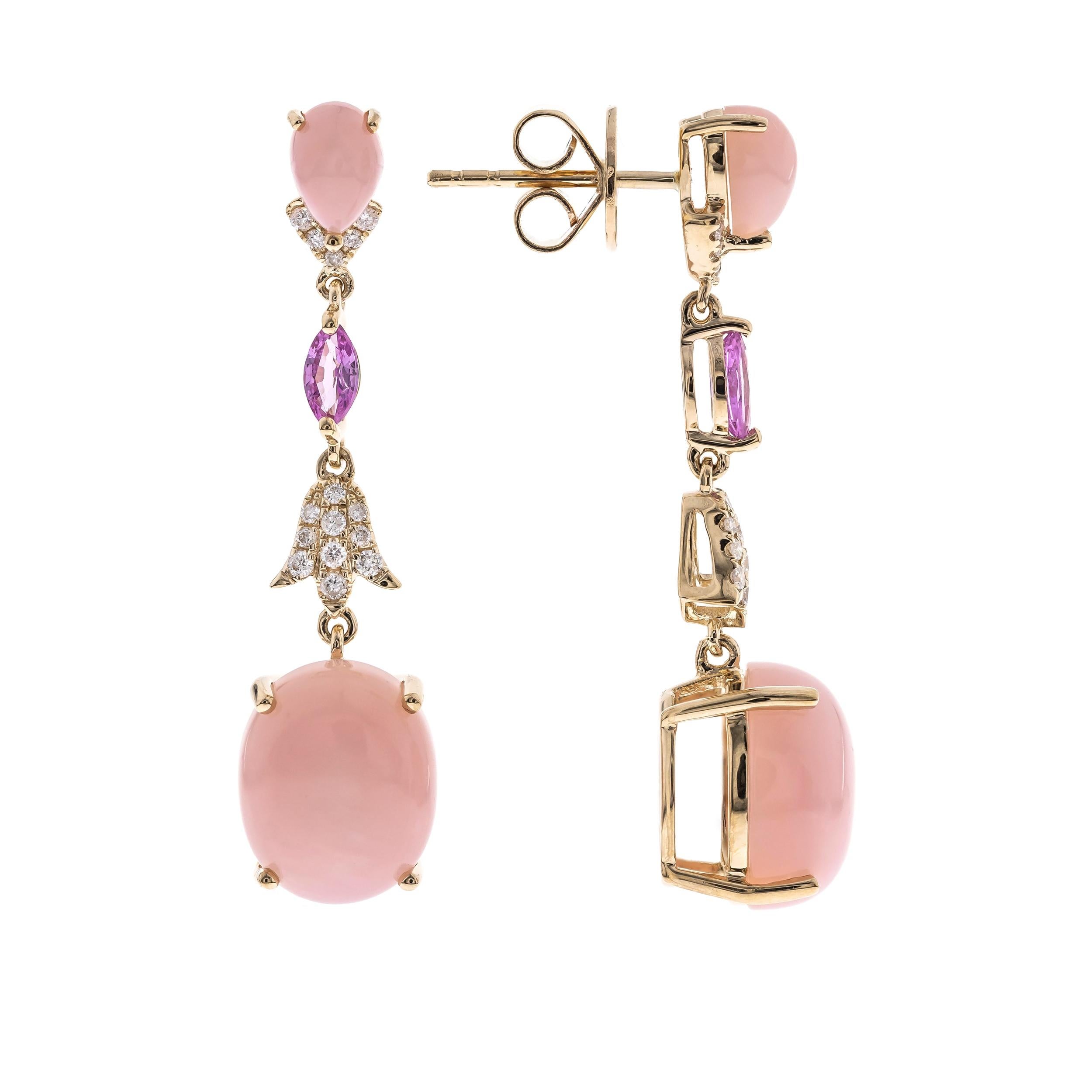 Art Deco Pink Opal and Pink Sapphire Gemstone Diamond Accents 14K Yellow Gold Earring For Sale
