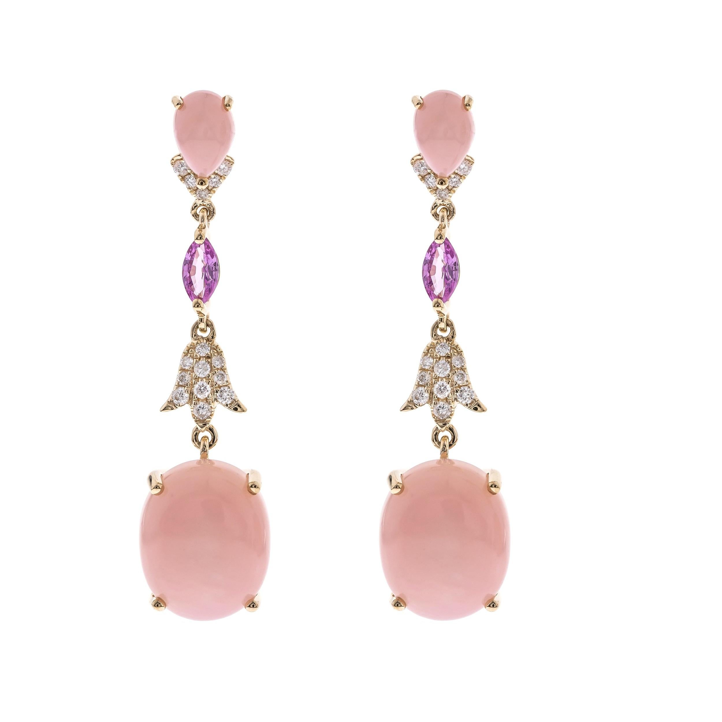 Cabochon Pink Opal and Pink Sapphire Gemstone Diamond Accents 14K Yellow Gold Earring For Sale