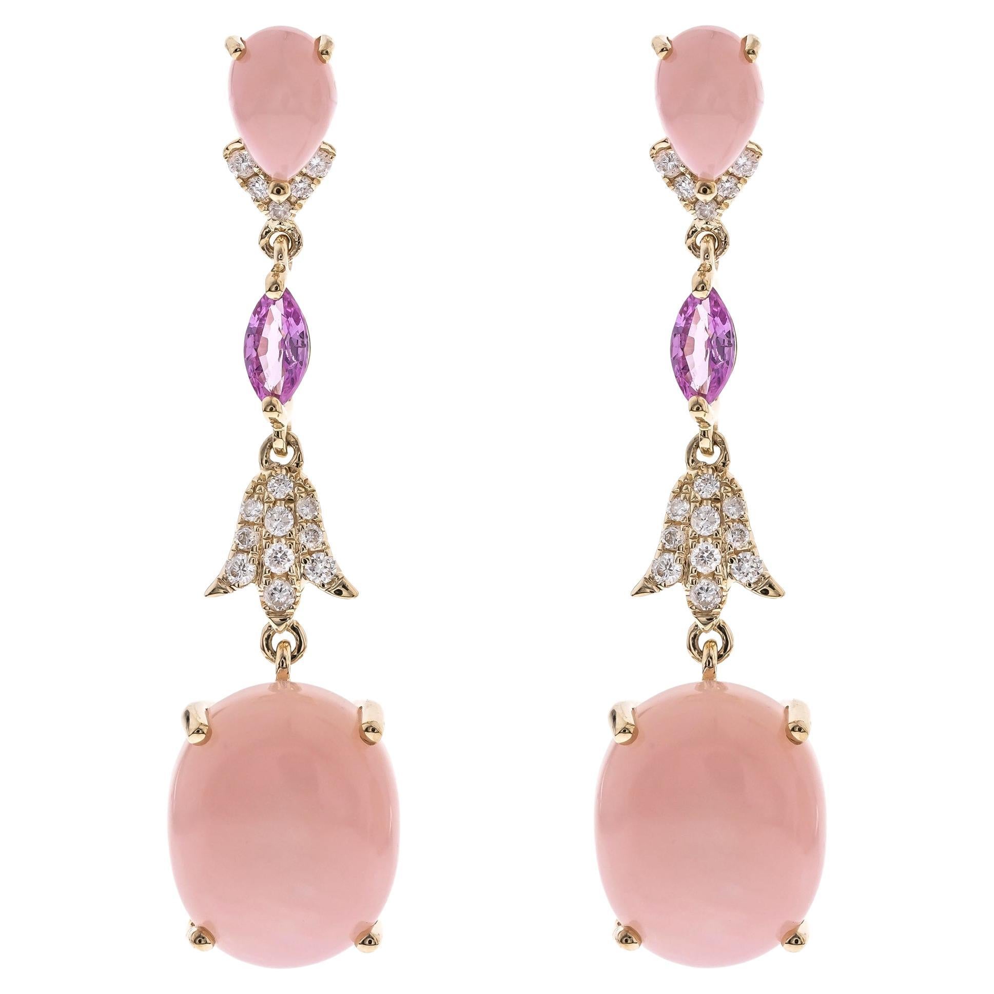 Pink Opal and Pink Sapphire Gemstone Diamond Accents 14K Yellow Gold Earring For Sale